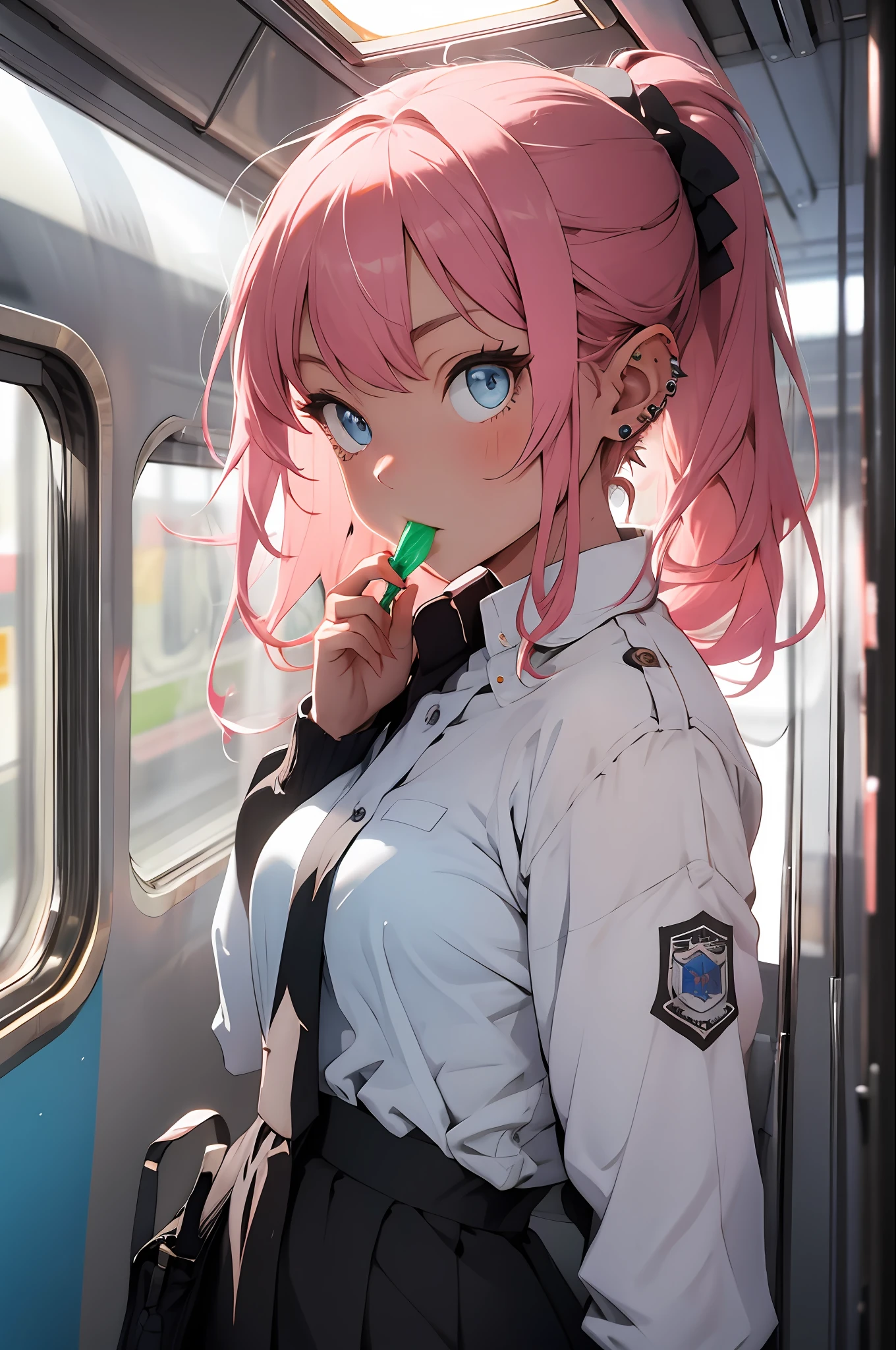 (masterpiece:1.5, best quality:1.5, painting:0.5, grayscale:0.7, absurdres:0.95), ultra-detailed, perfect anatomy, 1girl, elf, (piercings), ponytail, pink hair, blue eyes, tattoos, (suntanned), conductor uniform, on the train, checking tickets, blowing a whistle, train interior, scenery