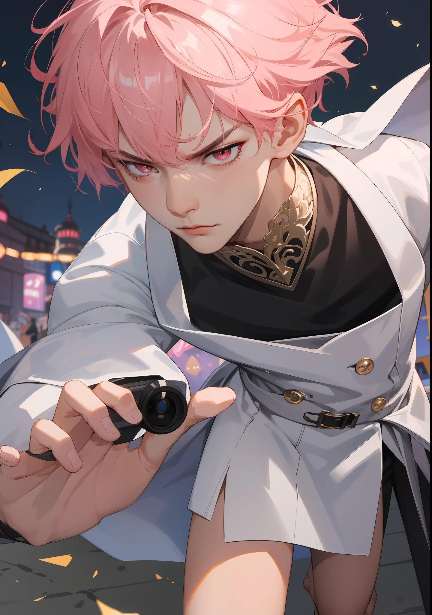 Absurdres, intricate details, masterpiece, best quality, ultra high res, 8k, close-up of face, 1boy,white blouse suit, bare legs, black socks, skinny, slender, white shiny skin, scowling, big pink eyes, eye reflections, short pink hair, outdoor, (battle), (magic)