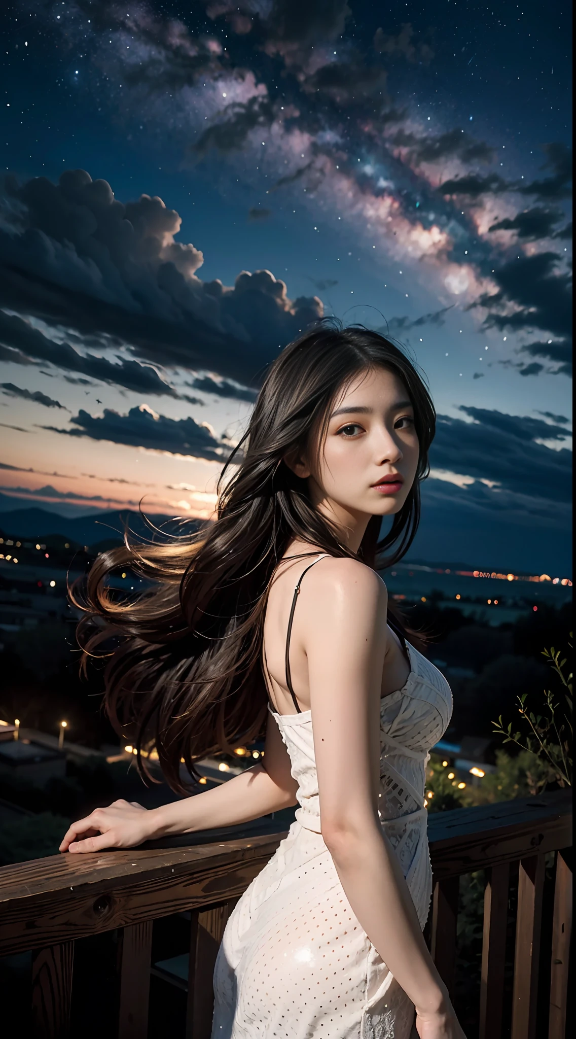 "A breathtakingly beautiful masterpiece of the highest quality featuring a woman with long hair in silhouette against a night sky on a hill with clouds and a full moon. The scene is represented with visible wind and dotted with sparkling fireflies and stars."