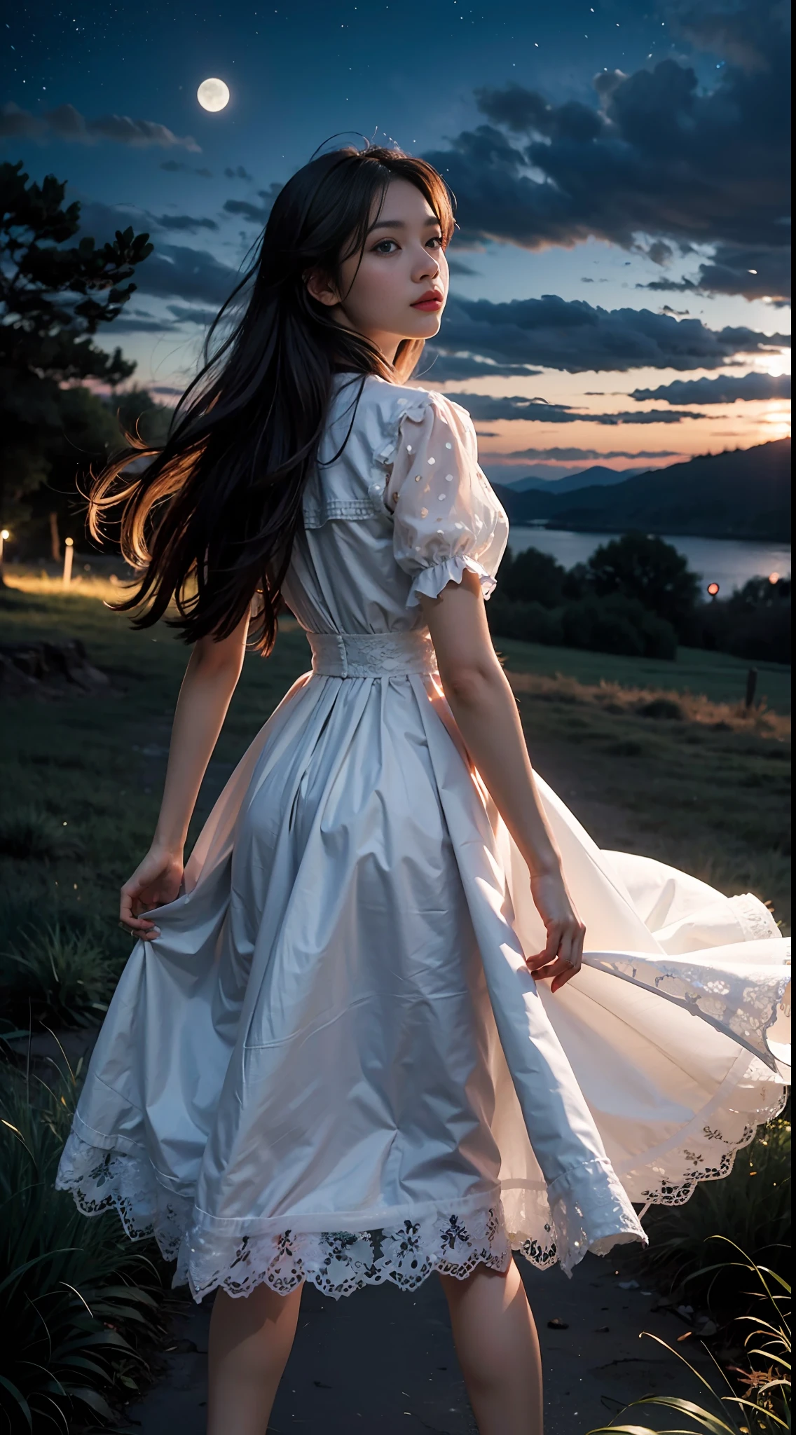"A breathtakingly beautiful masterpiece of the highest quality featuring a woman with long hair in silhouette against a night sky on a hill with clouds and a full moon. The scene is represented with visible wind and dotted with sparkling fireflies and stars."