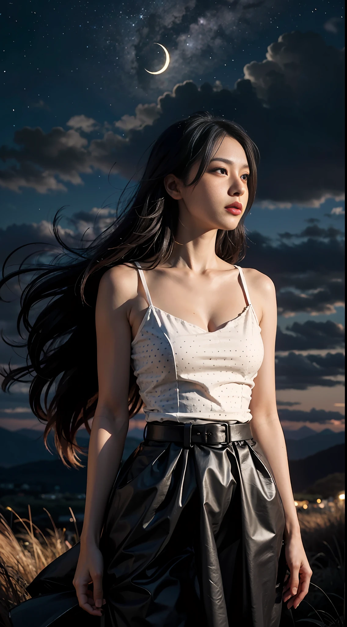 "A breathtakingly beautiful masterpiece of the highest quality featuring a woman with long hair in silhouette against a night sky on a hill with clouds and a full moon. The scene is represented with visible wind and dotted with sparkling fireflies and stars."