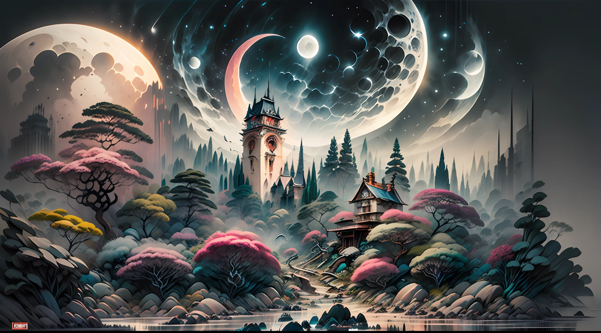 painting of a clock tower in a surreal landscape with a moon, magically shaped surrealism, surreal scene, Jacek Yerka et Vladimir Kush, surrealism art, surrealist art, surreal painting, surrealist artwork, surrealist art, surreal dreamscape, surreal painting, surrealist landscape, fantasy surrealism, surreal painting, surrealistic digital artwork, illusion surreal art