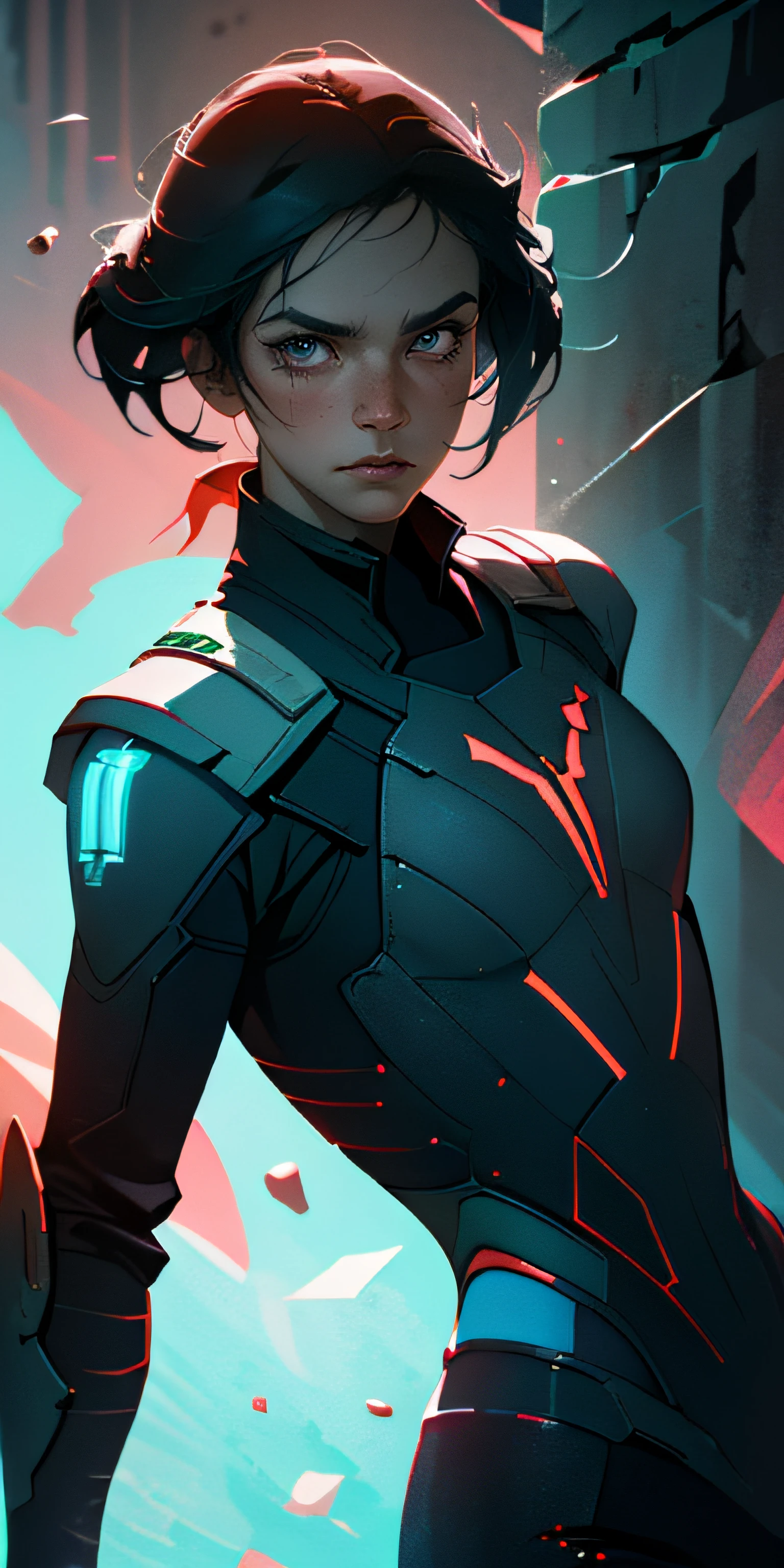 (best quality, masterpiece, octane render), futuristic soldier having a break, leaning against a wall, particle, wind, looking at viewer, backlighting, upper body, pose