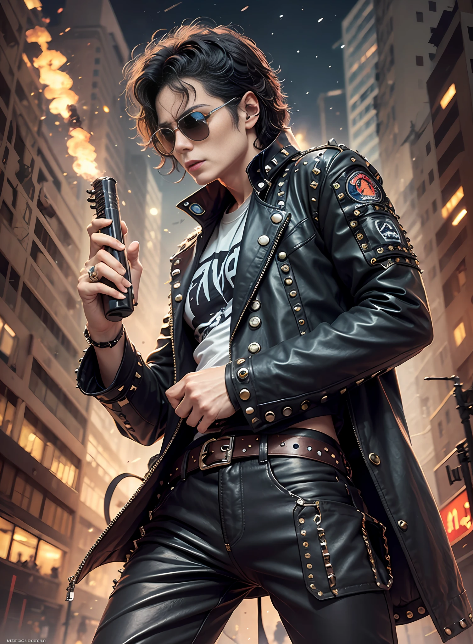 Michael jackson, sunglasses, black pants with rivets, 1 black belt, long coat, long t-shirt, rivets, holster, rivets, just one body, front view, night, explosions behind, plays electric guitar.