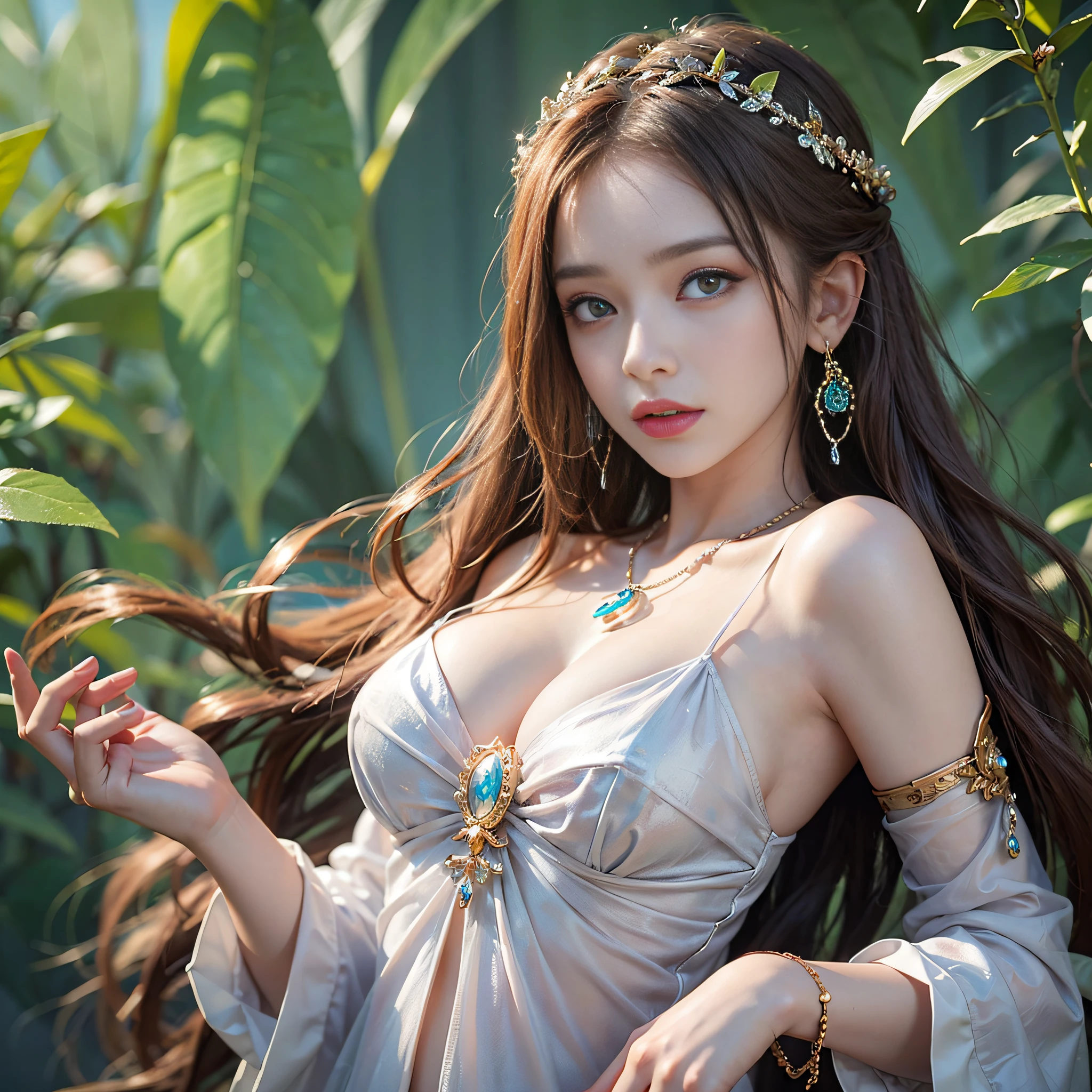 (A Masterpiece)、(maximum quality)、(Realistic)、Charming daughter、Portrait of a beautiful girl、1girl、Transparent eyes、beautifuldetailedeyes、Glitter eyes、Glowing eyes、flawless face、Beautiful nose、Beautiful mouth、Pretty lips、fine-grained skin、portrait shooting、Professional artwork、in 8K、photo-realistic、long dress、Elegant face、flawless anatomy、Perfect female body:1.4、Ultra-realistic painting:1.4、Ultra-precision painting:1.4、OTL:1.4、hq、RAW Photography、necklaces、earings、female goddess、Fantasy、