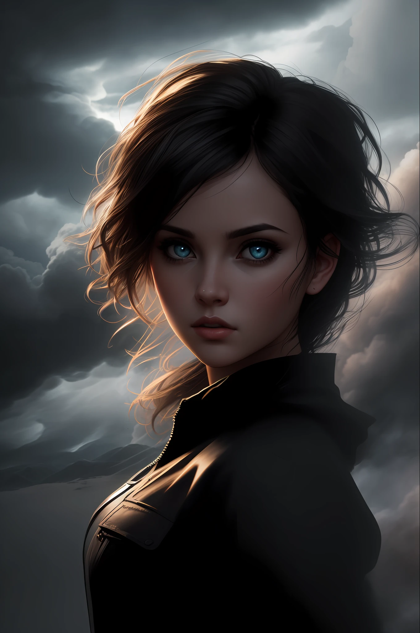 Cute one girl with big eyes, black clouds, dynamic dark smoke, swirling black wind, dark texture, 32k concept art, cinematic lighting, hyper detailed, hyper realistic, juicy bright colors, hair highlighting, Volumetric lighting, warm HDR, 500 pixels, high contrast, mystical, rough shading, dynamic lighting, Octane rendering