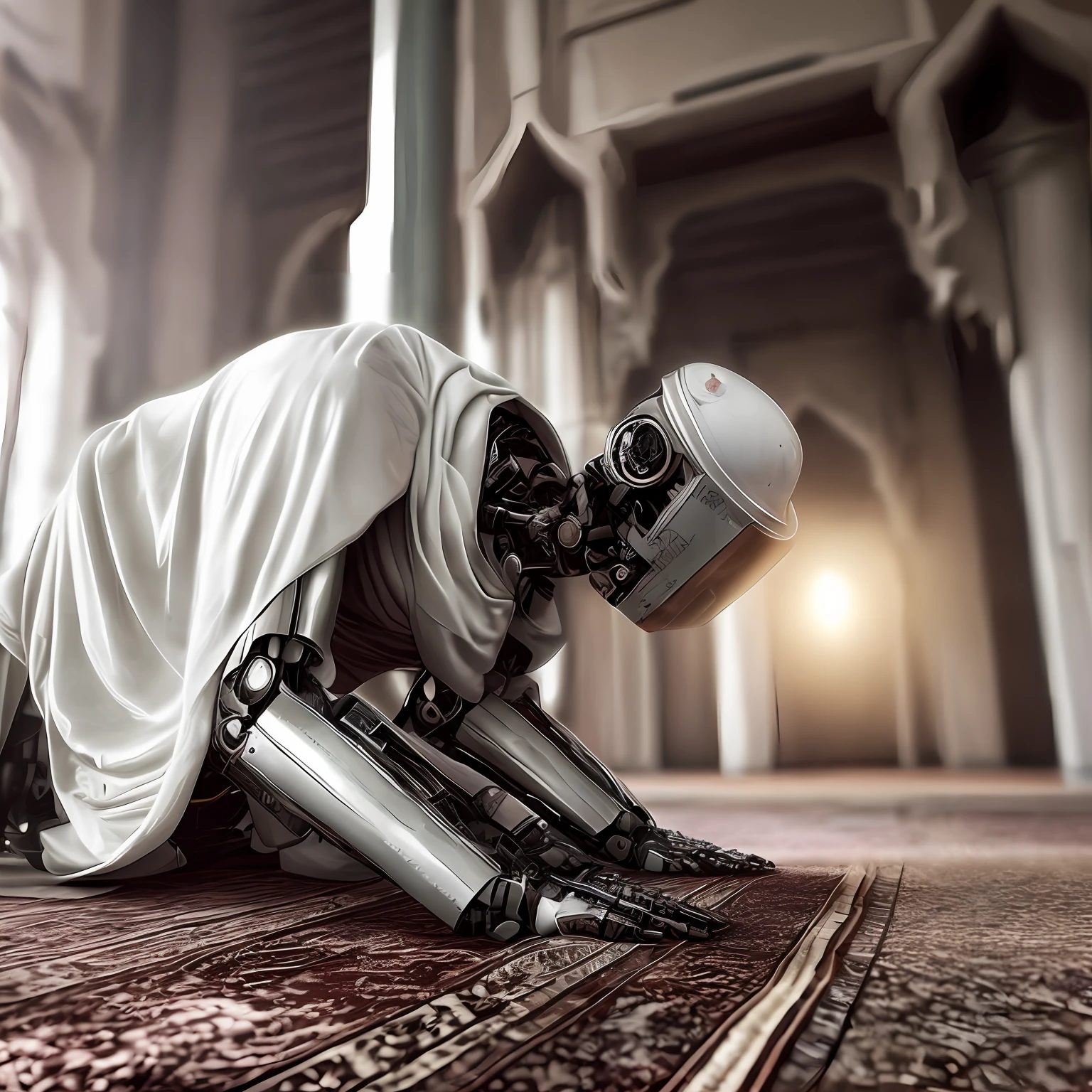 there is a robot that is kneeling down on the floor, robot religion, interior da mesquita cyberpunk, scifi religioso, he is in a mosque, foto de perfil 1024px, um ciborgue meditando, kneeling in prayer, Ajoelhado, doing a prayer, artificial intelligence god, robot pope, Rezando, kneeling at the shiny floor