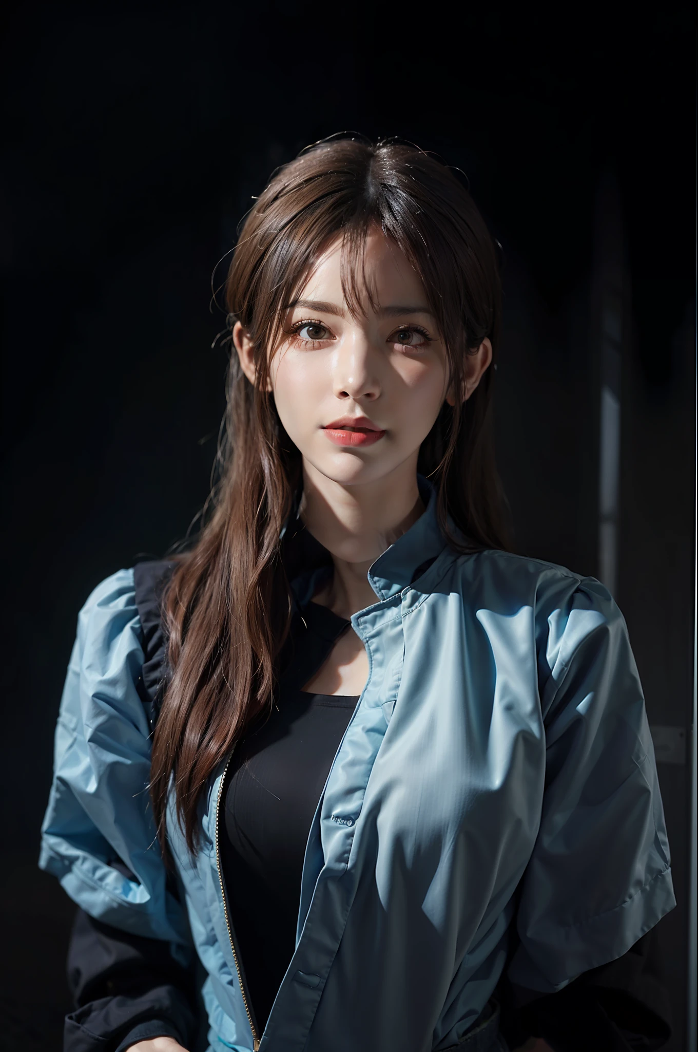 Hyperrealist portrait of female by david hockney and alphonse mucha,fantasy art, photo realistic, dynamic lighting, artstation, poster, volumetric lighting, very detailed faces, 4 k, award winning,, 1girl, in the dark, deep shadow, low key,cowboy shot,(official clothing:1.4) ,long hair,white hair,