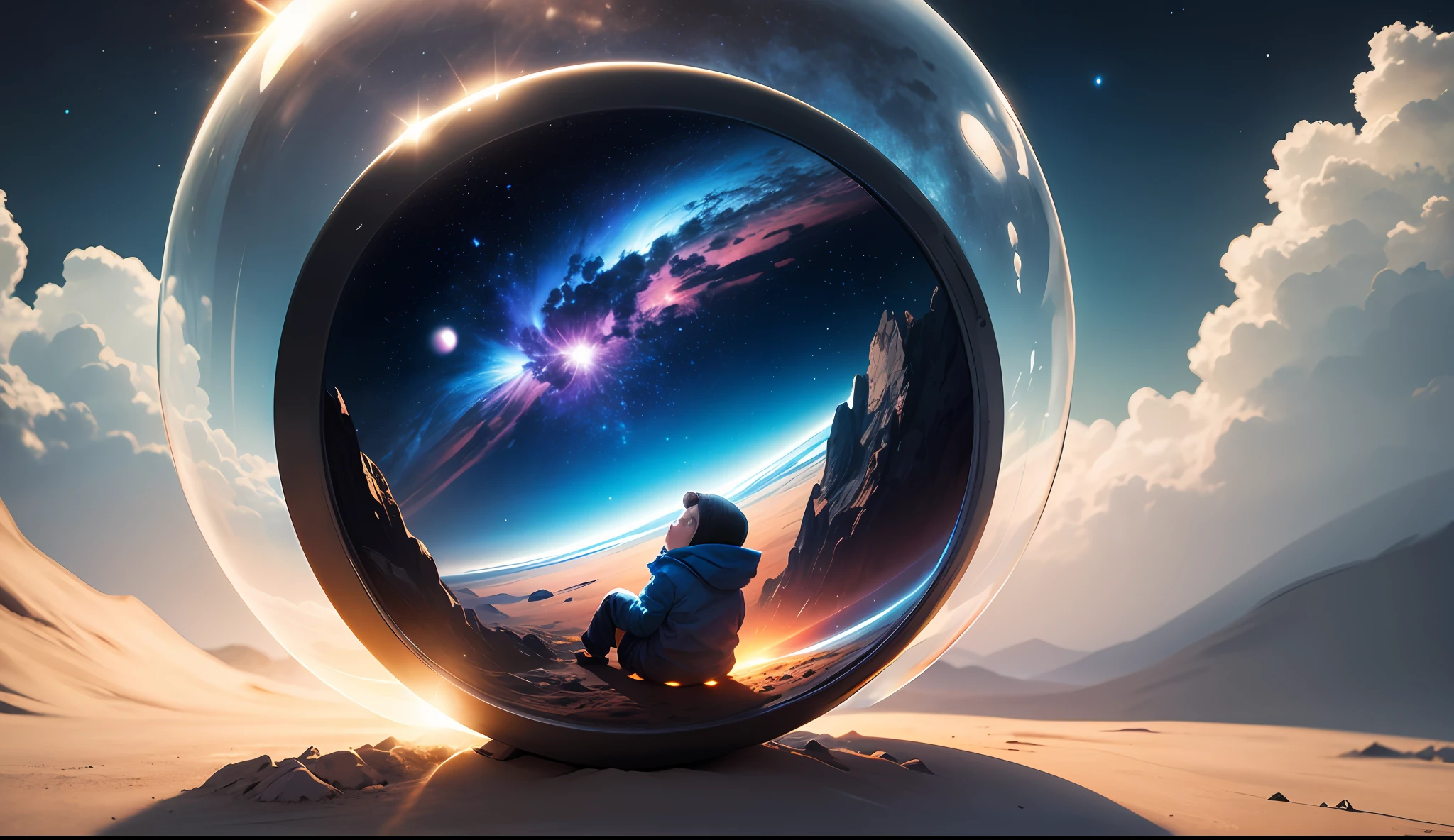 A close up of a person sitting in a glass ball on a desert - SeaArt AI