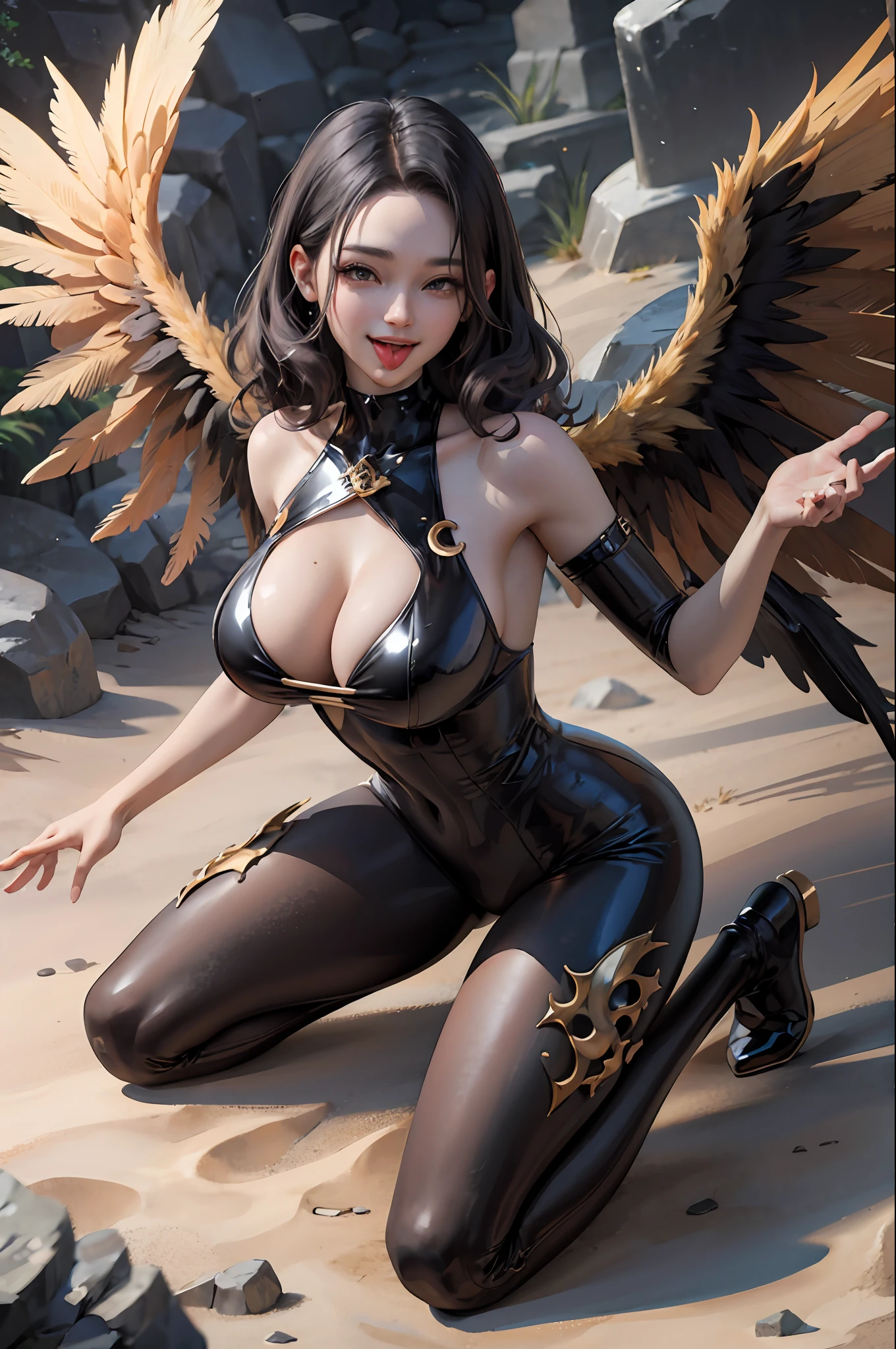 (Master peace:1.2、maximum quality)、1lady、solo、massive tits、Black Bodysuit、brunet、(Open Colabone:1.15)、gargantilha、Jeepup、Straight、desert、bewitching、Forehead、Black wings。smile。demon wings。Kneeling。tongue out。