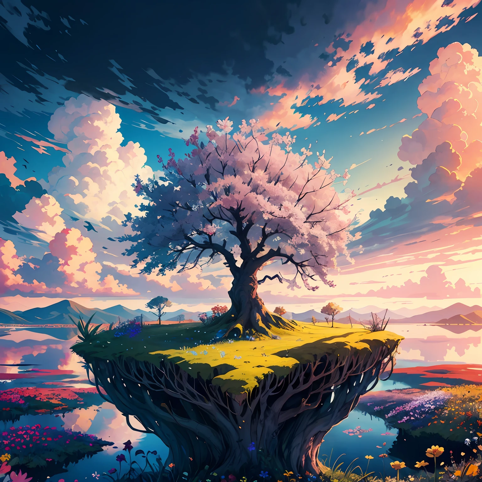 masterpiece of a lone tree in a field on a floating island, cloudy sky, windy, wildflowers, fantasy, magic, tree roots, high quality, best quality, rtx, 4k, 8k,