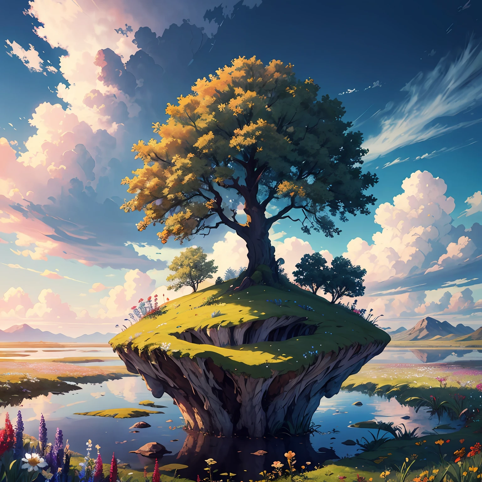 masterpiece of a lone tree in a field on a floating island, cloudy sky, windy, wildflowers, fantasy, magic, tree roots, high quality, best quality, rtx, 4k, 8k,