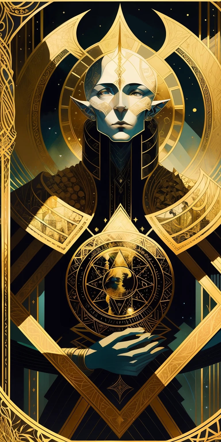 An symmetrical   tarot512 
wiith the illustration 
of a   [ Man | strong | muscular | Paladin ]
[ Warrior | god | Hunter ]
, A  [ Kay Nielsen's | Anne Bachelier's ]   Exouds-Style masterpiece (MASTERPIECE)
in style-rustmagic CCDDA  artstyle