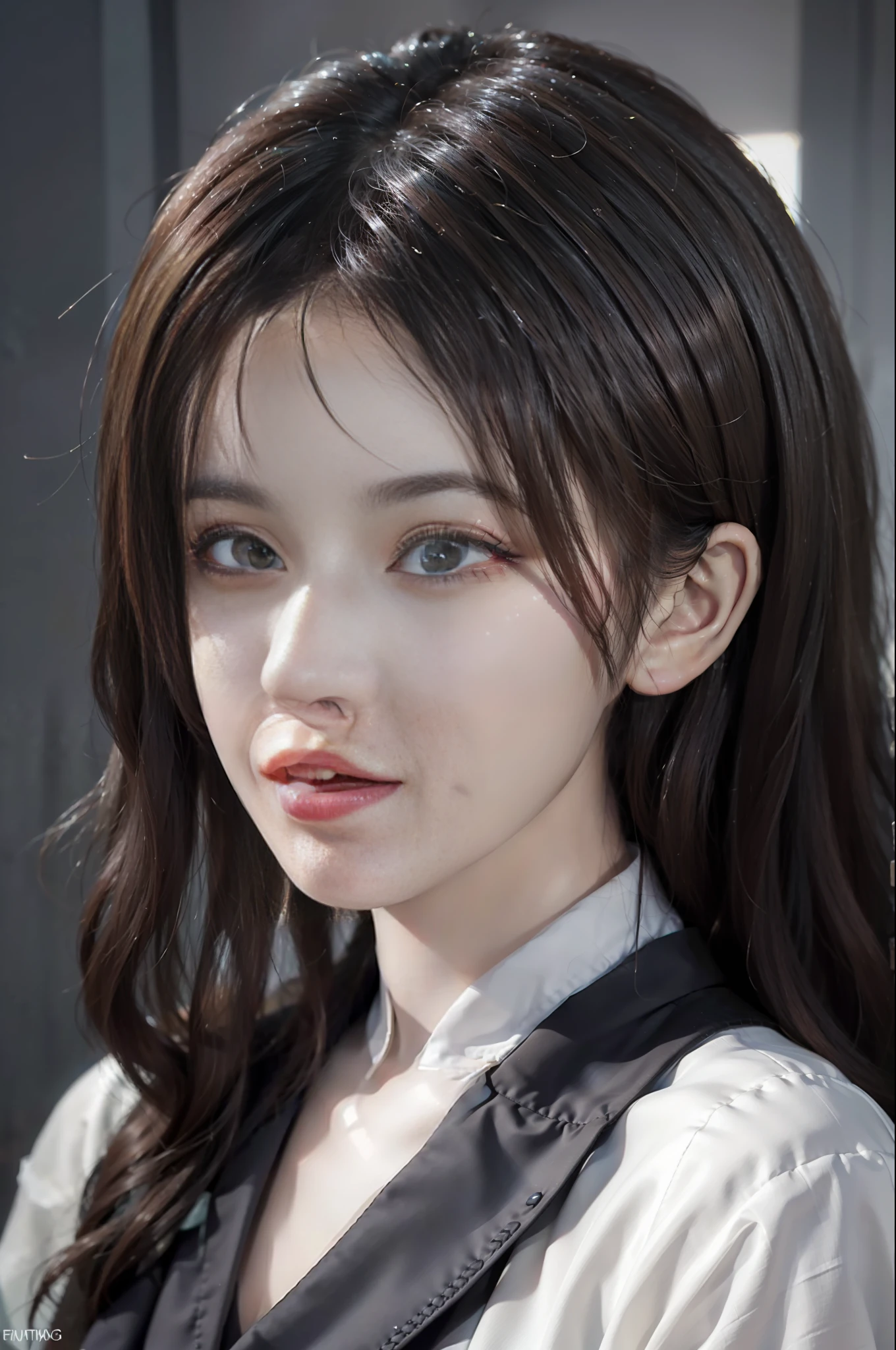 Surrealist female portraits by David Hockney and Alphonse Mucha, fantasy art, photorealism, dynamic lighting, artstation, poster, volumetric lighting, very detailed faces, 4k, award-winning, 1girl, in the dark, deep shadows, understated, (formalwear: 1.4), long hair, gray hair,