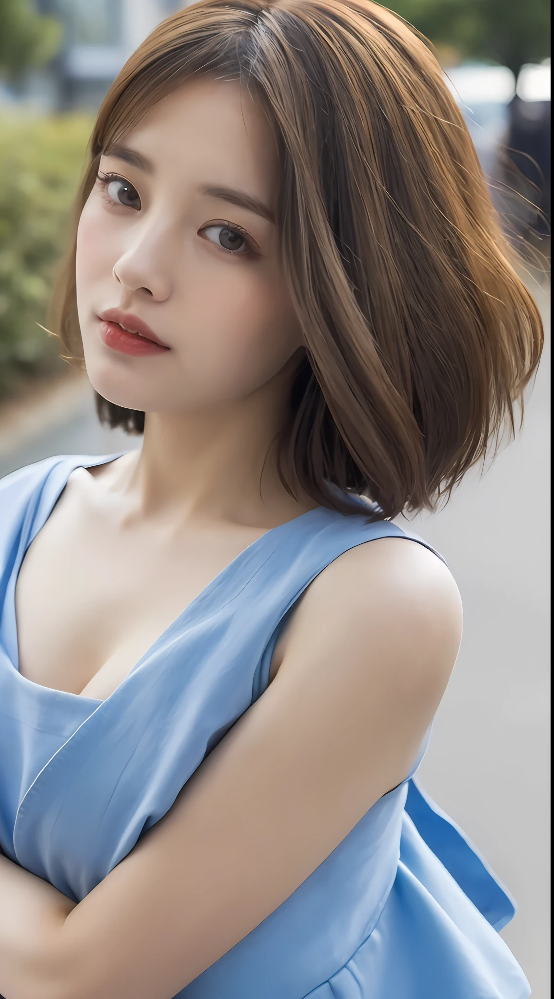 ((maximum quality、8K、A Masterpiece:1.3))、focus:1.2、Perfect Body Beauty:1.4、buttocks:1.2、((Layered Haircut、Breasts:1.2))、street:1.3、Bandeau Dress:1.1、Highly detailed facial and skin texture、Delicate eys、Double eyelidd、Whitened skin、Long hair