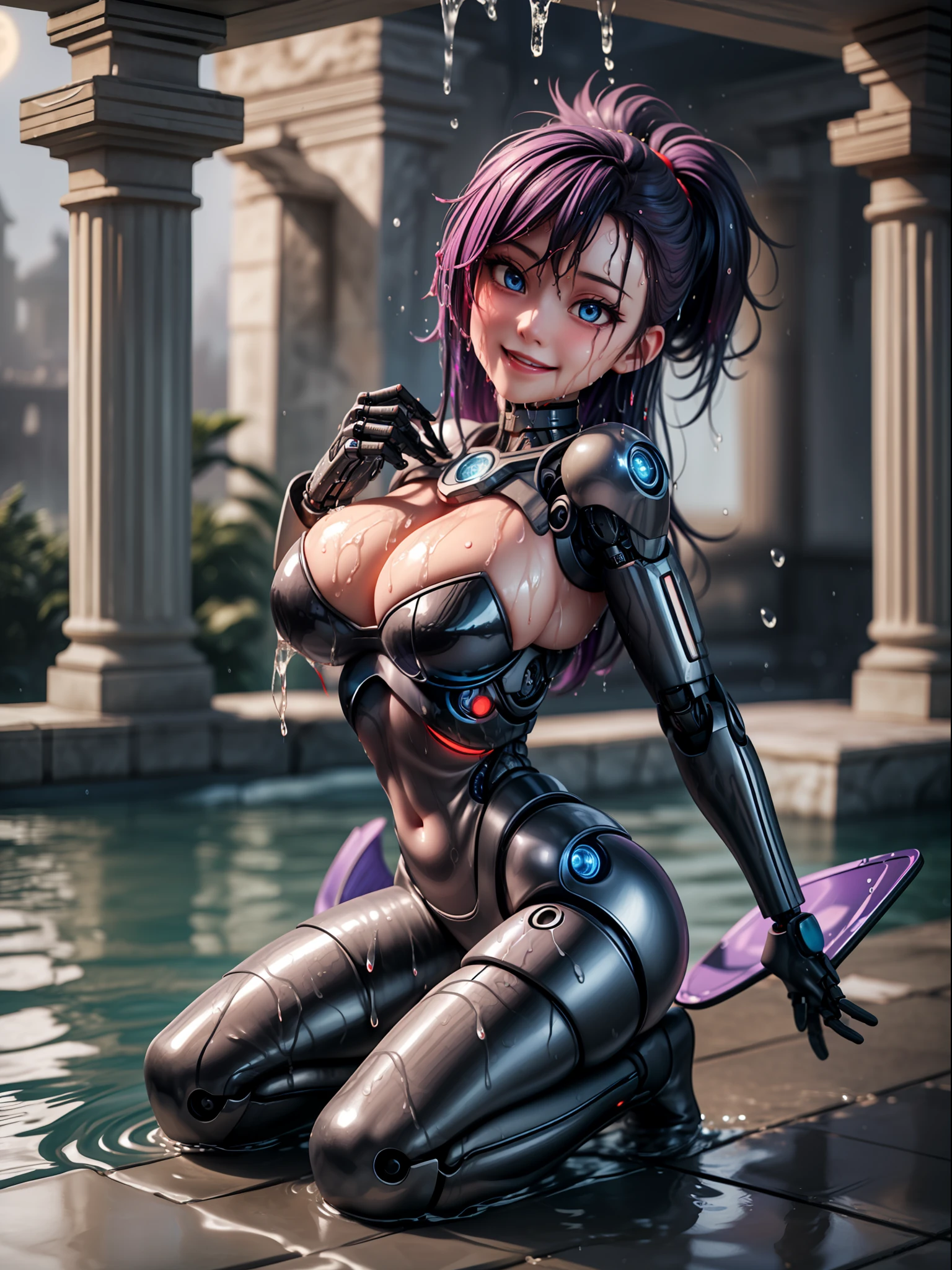 ((full body):1.5) ((1woman+cyborg+ninja):1.2): only she is wearing mecha+ninja+spiderman clothing, black with white parts, extremely tight on her body, only she is doing erotic pose for the viewer, smiling, look of pleasure, expression of , naughty face, leaning against a pillar, only she has short purple mohawk hair and sparkling blue eyes, only she has ((extremely large breasts and her whole body is wet with water ):1.2), only she is in a mythical temple with ((ghostly environment):1.2), it's night, raining hard, 1 full moon in the sky.