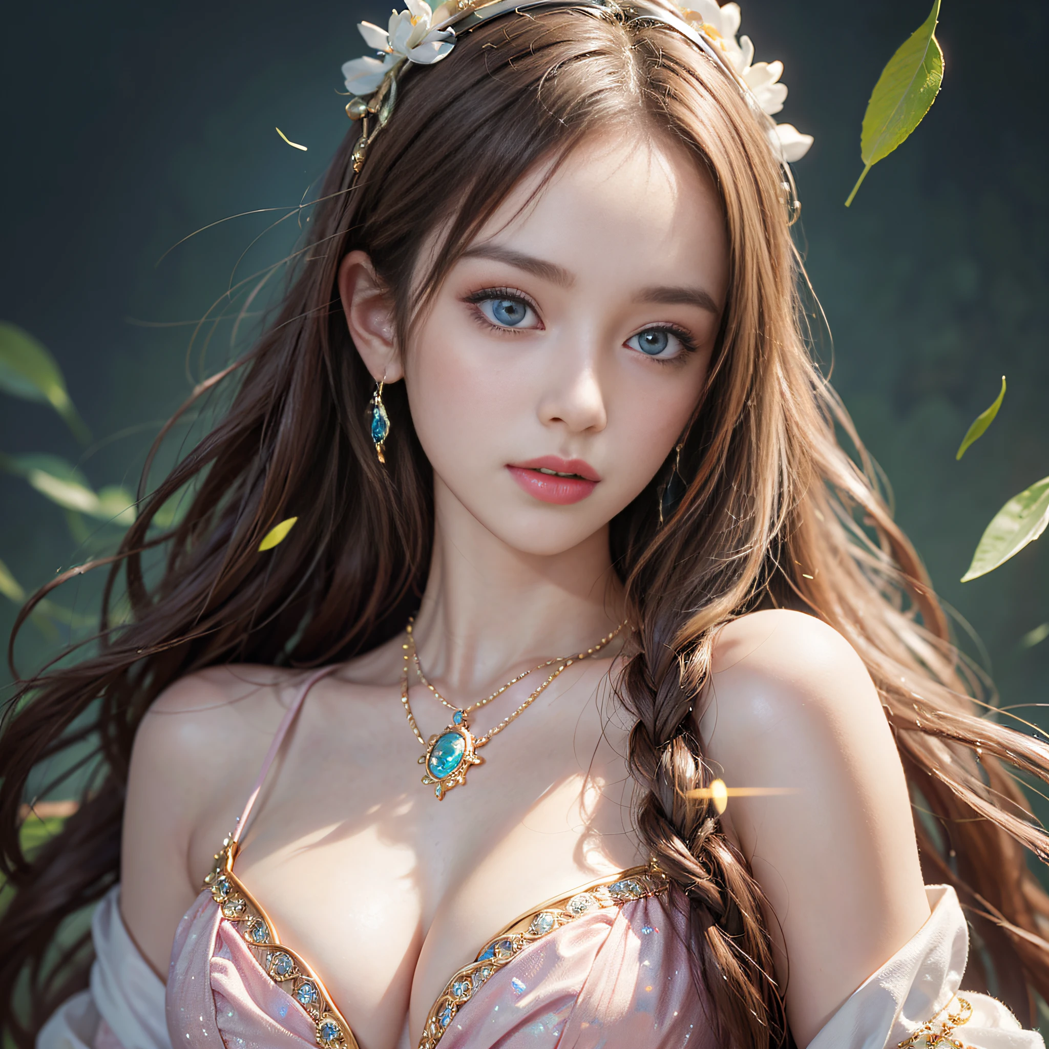 (A Masterpiece)、(maximum quality)、(Realistic)、Charming daughter、Portrait of a beautiful girl、1girl、Transparent eyes、beautifuldetailedeyes、Glitter eyes、Glowing eyes、flawless face、Beautiful nose、Beautiful mouth、Pretty lips、fine-grained skin、portrait shooting、Professional artwork、in 8K、photo-realistic、long dress、Elegant face、flawless anatomy、Perfect female body:1.4、Ultra-realistic painting:1.4、Ultra-precision painting:1.4、OTL:1.4、hq、RAW Photography、necklaces、earings、female goddess、Fantasy、