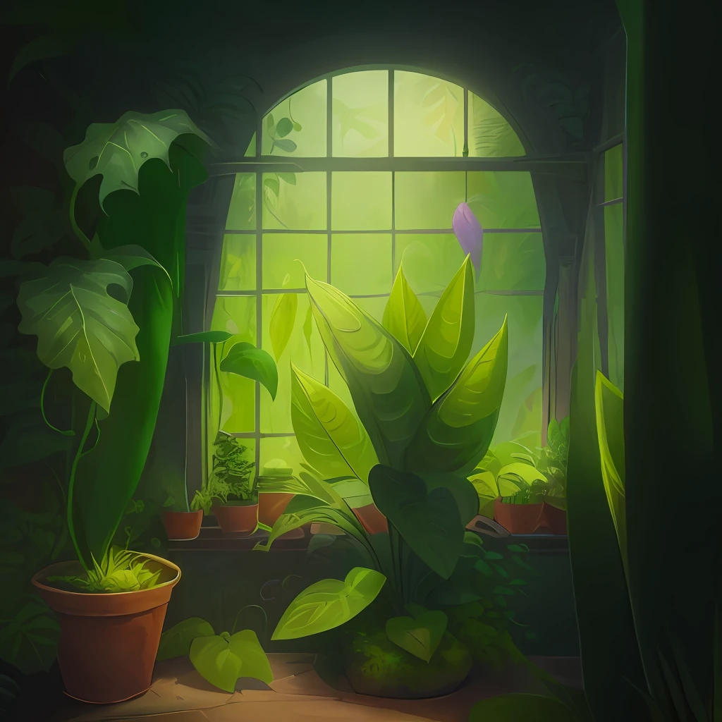 There are many plants, which are on the windowsill, art nouveau jungle environment, interior background art, background art, room, full of plants, plants and jungle, verdant plants, very detailed digital painting, background artwork, fantasy magical vegetation, lush verdant plants, digital painting highly detailed, lush and green, stylized digital illustration, houseplants