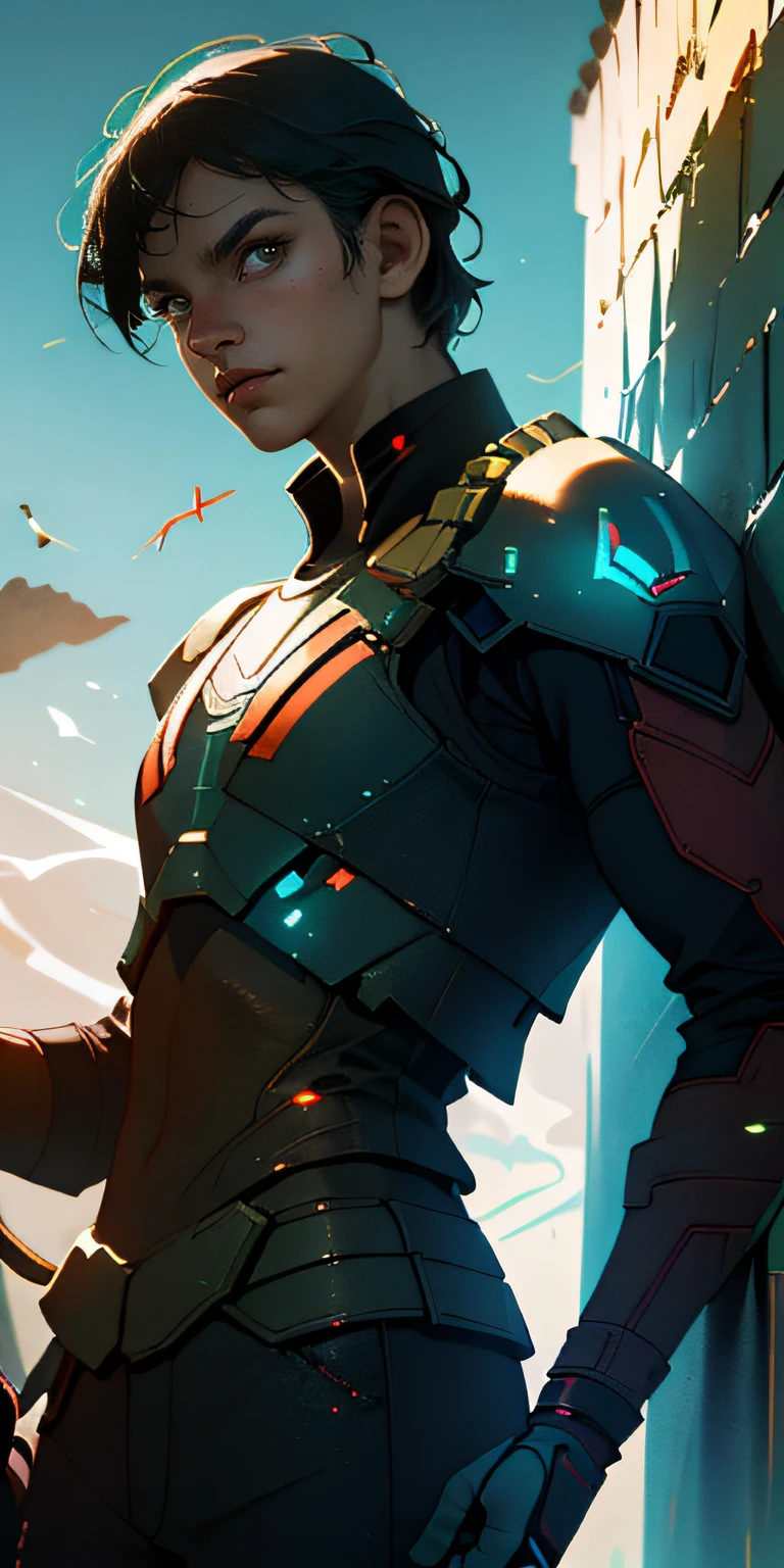 (best quality, masterpiece, octane render), futuristic soldier having a break, leaning against a wall, particle, wind, looking at viewer, backlighting, upper body, pose