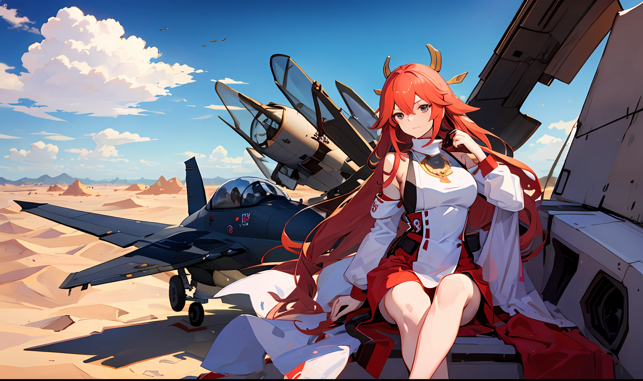 Red-haired woman in fighter jet pilot outfit in a desert with the jet behind her anime style