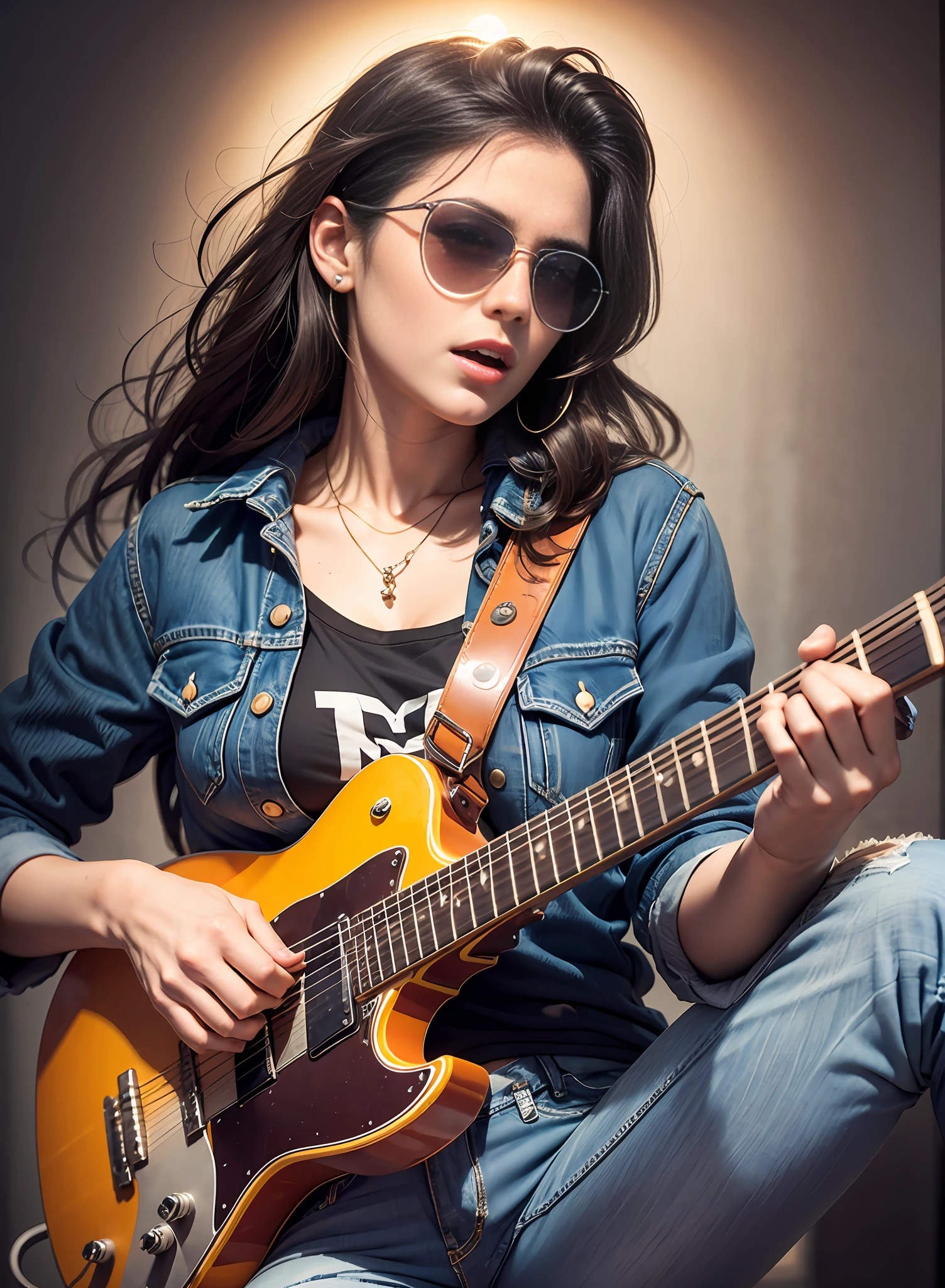 Cantora de metal europeia dos anos 80, cabelo preto, sun glasses, peito grande, dark jeans, cinto, Rebites, toca guitarra branca e preta. corpo inteiro.