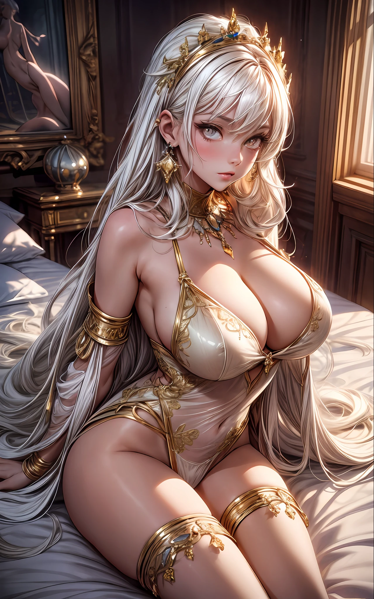Full female body, lying on the bed, (((Multicolor Hair, [white colored hair])))), Ultra Realistic 8k CG, Perfect Face, Flawless, Bright Golden Eyes, Clean, Masterpiece, Professional Artwork, Famous Art, cinematic lighting, Cinematic Flower, Perfect Face , beatutiful face, Beautiful eyes, (((perfect female body, Narrow waist))), beautiful queen, royal, divine, Goddess, (royal palace), fantasy, dreamlike, unreal, Sci-fi, (huge breast), beautiful clothes , Lace, lace trims, lace clothing, lace clothing, NSFW, breasts out, absurdly long hair, Very long hair, (rich: 1.4), prestige, luxury, Jewelry, diamond, gold, pearl, gem, sapphire, ruby, emerald, intricate detail, delicate pattern, Sexy, enchanting, alluring, alluring, Erotic, enchanting, hair ornament, Necklace, earings, bangle, bangle, looking at viewer, Unbeatable Masterpiece, Ultra Realistic 8k CG, Perfect Art, Super Detailed Rendering, Masterpiece, HighQuality, HIGH RES, Detail maniac, high definition, HighQuality, Detailed face, Detailed Body Limbs, sleeveless shirt, No Zipper Jacket, No Bra , no panties, bare chest, Blush, white stockings, see-through clothing, exposed pubic hair, camel toes, well-detailed breasts, Beautiful female body, Full Body, a woman, lying on the bed, Bright Golden Eyes, full body in seductive motion , bare chest, well-detailed breasts,shining black and gold eyes,