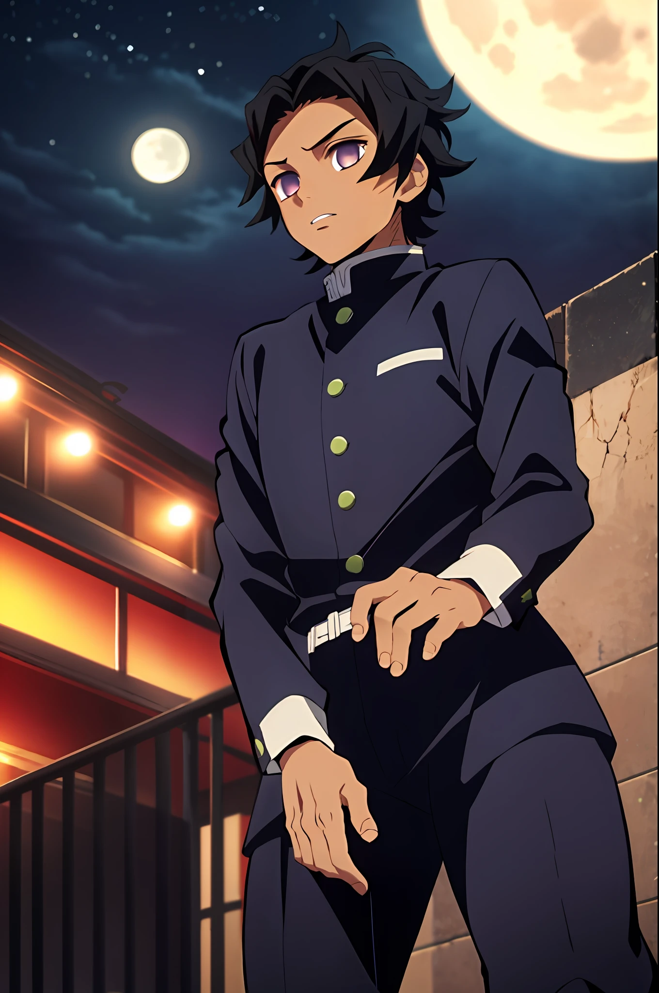 kimetsu no yaiba style, 1boy, demon slayer uniforme, solo, dark skin, purple eyes, apathetic, black hair, black cover, cover, outdoorse, night, moon, anime coloring, ((masterpiece)),