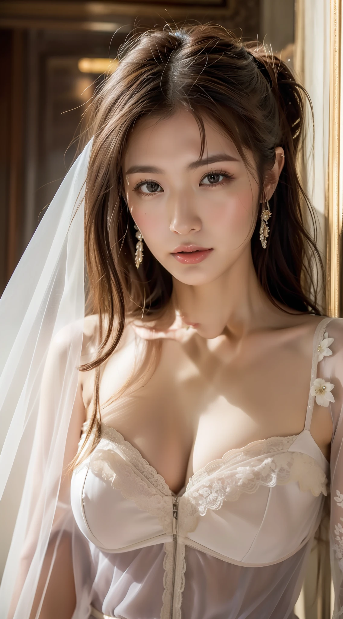 Korean women, goddess, perfect body, long hair, fine skin texture and cloth texture, detailed eye texture, long eyelashes, double eyelids, (chest close-up: 1.4), hotel, 8k, highest image quality, masterpiece, super high resolution: 1.2, beautiful female photo with the theme of girly elegant style, Arad woman posing for photo in light dress, soft organza dress, flowing dress, wearing elegant dress, wide waist, lace fabric, lace bra, lace, light dress, Elegant dresses, flowing, chiffon, voile dresses, dresses, dresses