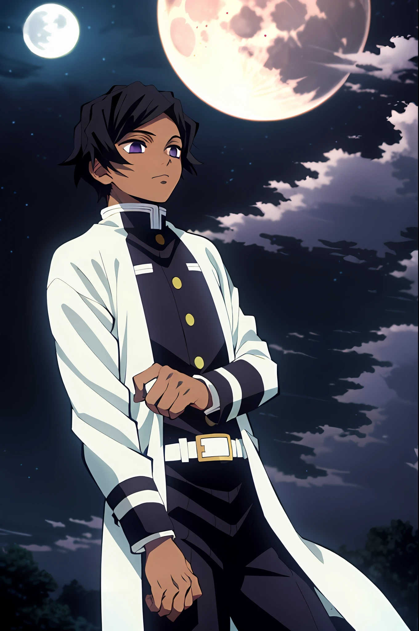 kimetsu no yaiba style, 1boy, demon slayer uniforme, solo, dark skin, purple eyes, apathetic, black hair, black cover, cover, outdoorse, night, moon, anime coloring, ((masterpiece)),