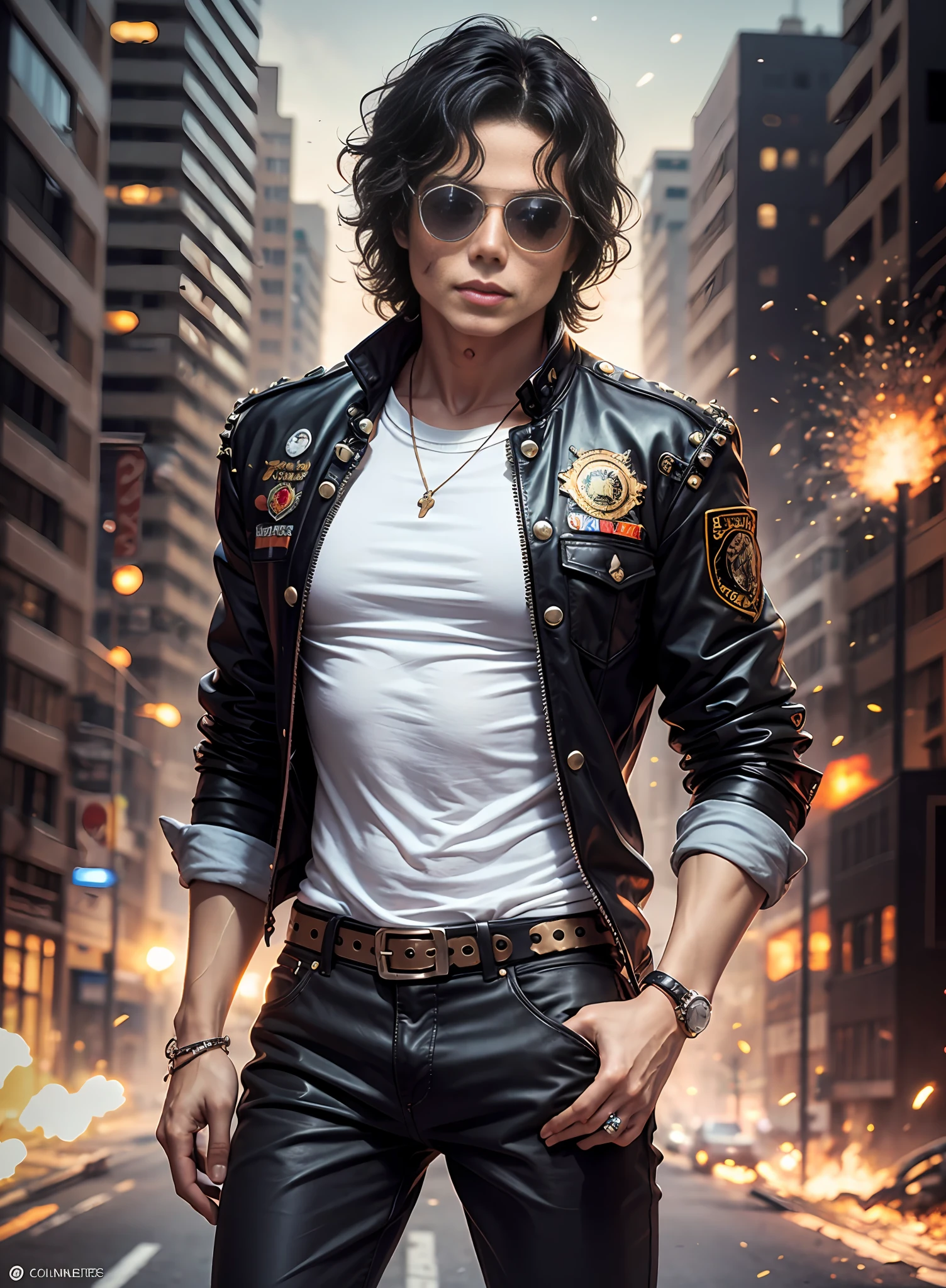 Michael Jackson, oculos de sol, black pants with rivets, 1 cinto preto, casaco longo, t-shirt longa, Rebites, coldre, Rebites, apenas um corpo, vista frontal, noite, explosions behind.