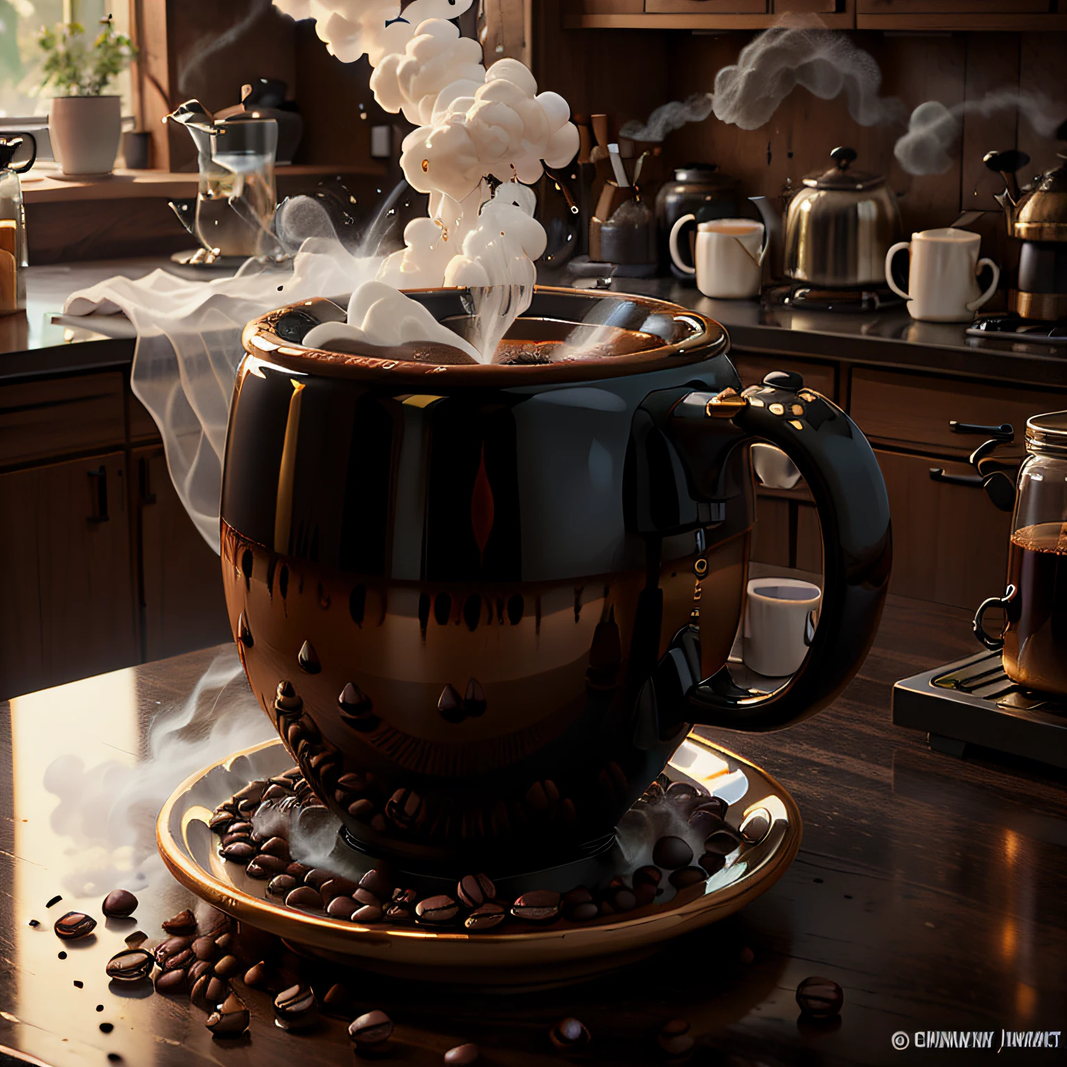 coffee mug with freshly brewed coffee. Steam pouring out and some coffee beans on the table