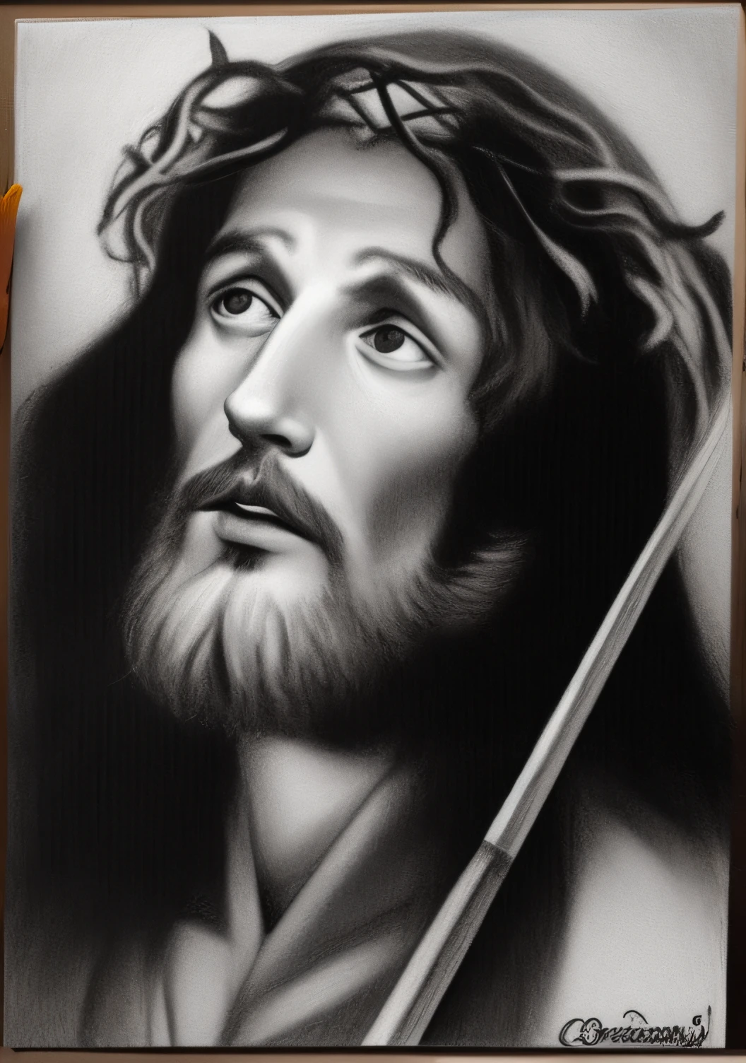 Um desenho de Jesus com uma espada e coroa de espinhos, pencil drawing. El Greco, Retrato de Jesus Cristo, rosto de jesus, Direction: Cristofano Allori, jesus of nazareth, Direction: Gyula Benczur, coroa de espinhos, charcoal painting, Jesus Cristo, Jesus Cristo Fumando um Blunt, Direction: Tadeusz Ajdukiewicz
