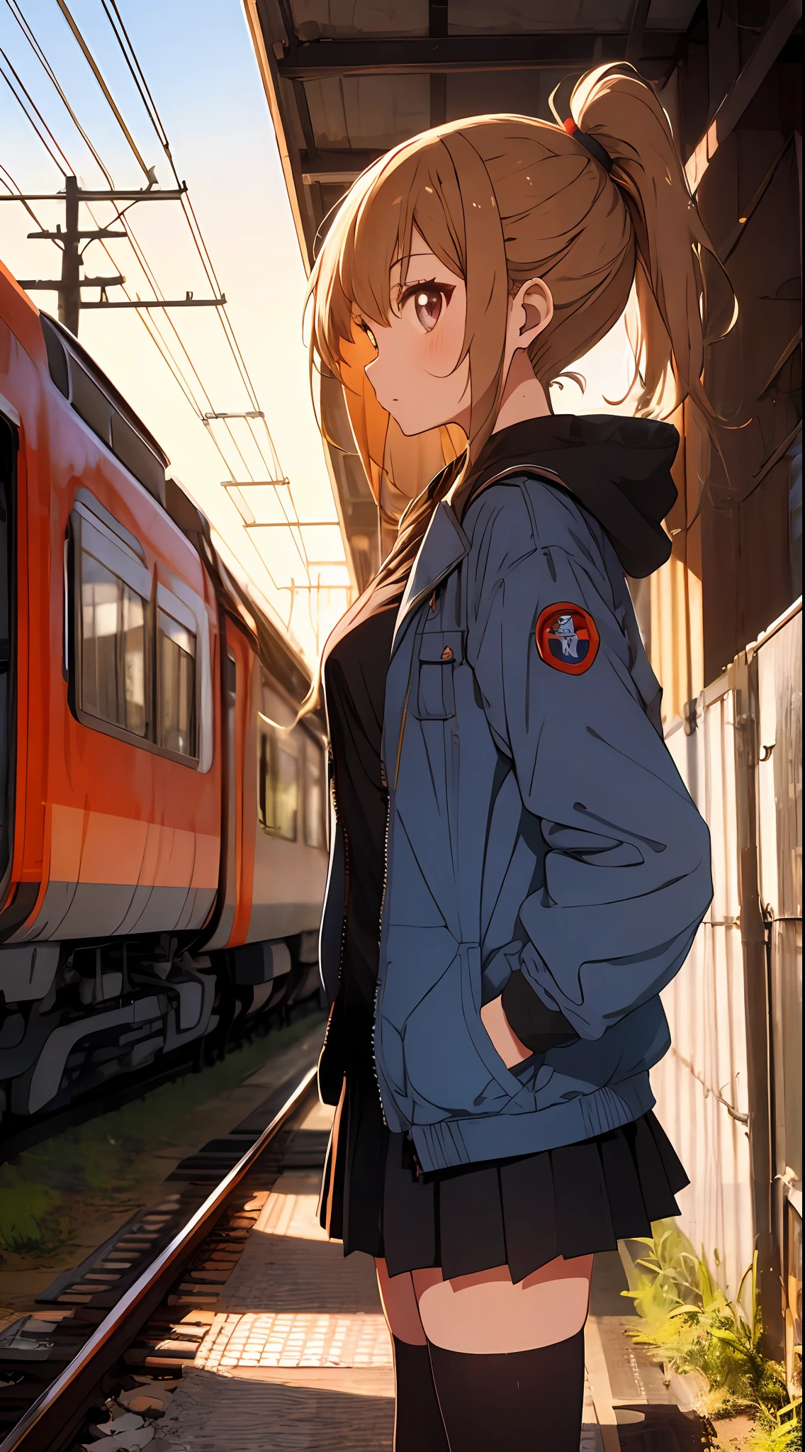 (flat_color, pastel_style, anime, black_outlines:1.3), volumetric lighting, colorful, cute
BREAK
abandoned train station with a gas refinery in the distance, railroad tracks, day, crow, (bird:1.2), depth_of_field, gravel, wind, (orange_theme:0.5)
BREAK
young woman standing with hands in pockets looking up at sky, profile, hands_in_pockets, short_ponytail, light_brown_hair, jacket, skirt, flats, black_legwear, small breasts