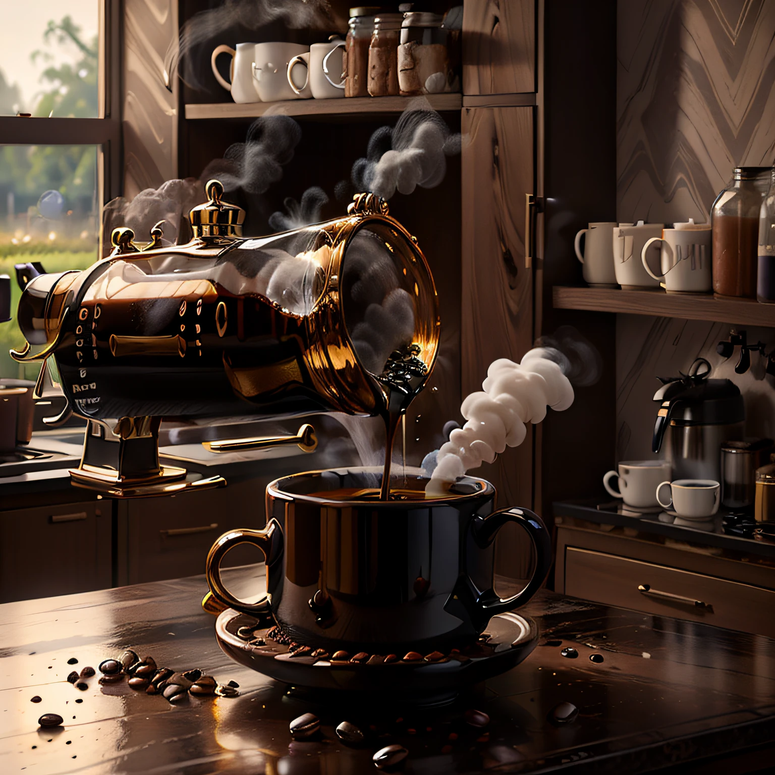 coffee mug with freshly brewed coffee. Steam pouring out and some coffee beans on the table
