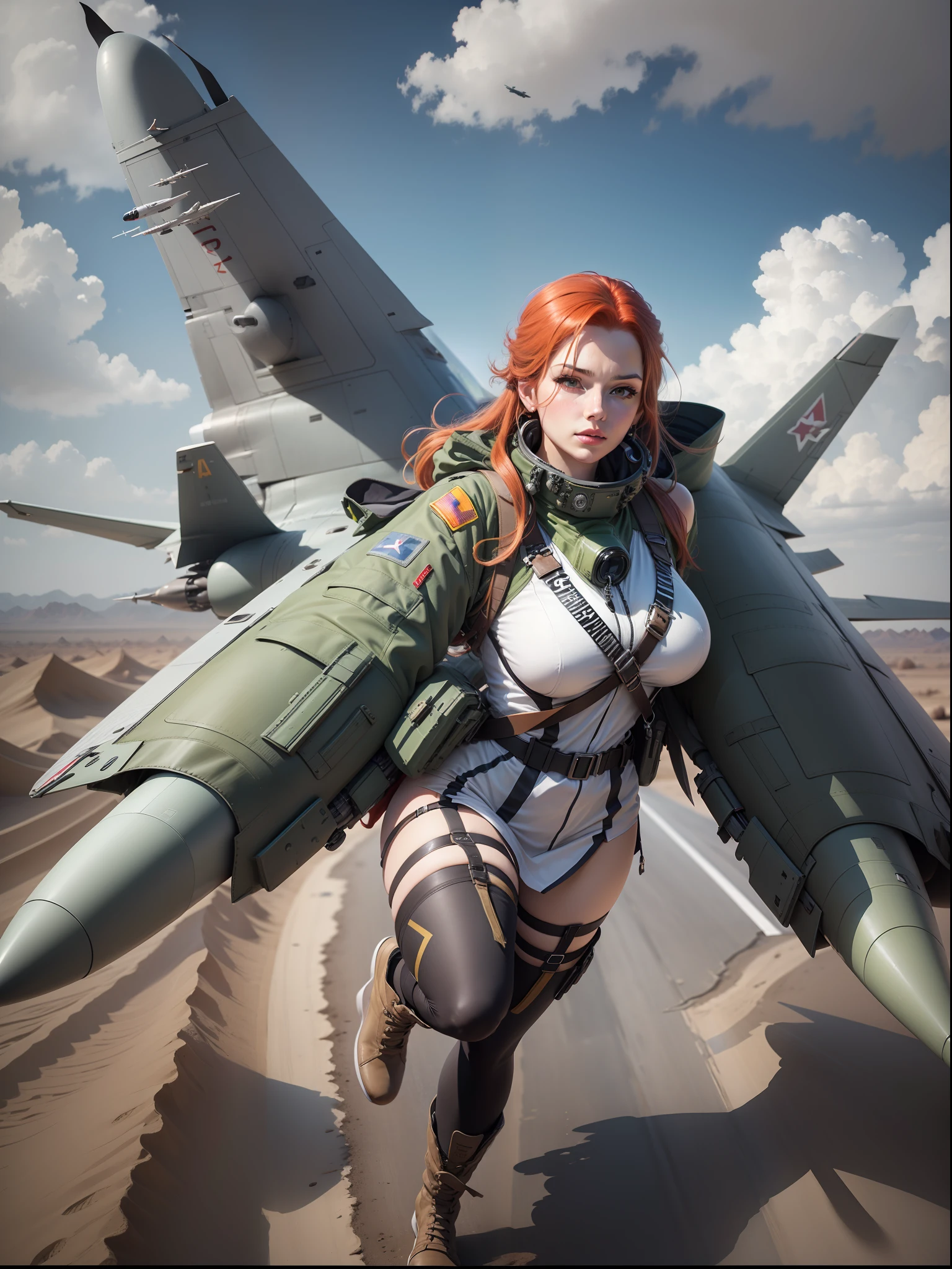 Red-haired woman with green fighter jet pilot outfit in a desert with jet behind her very beautiful anime style