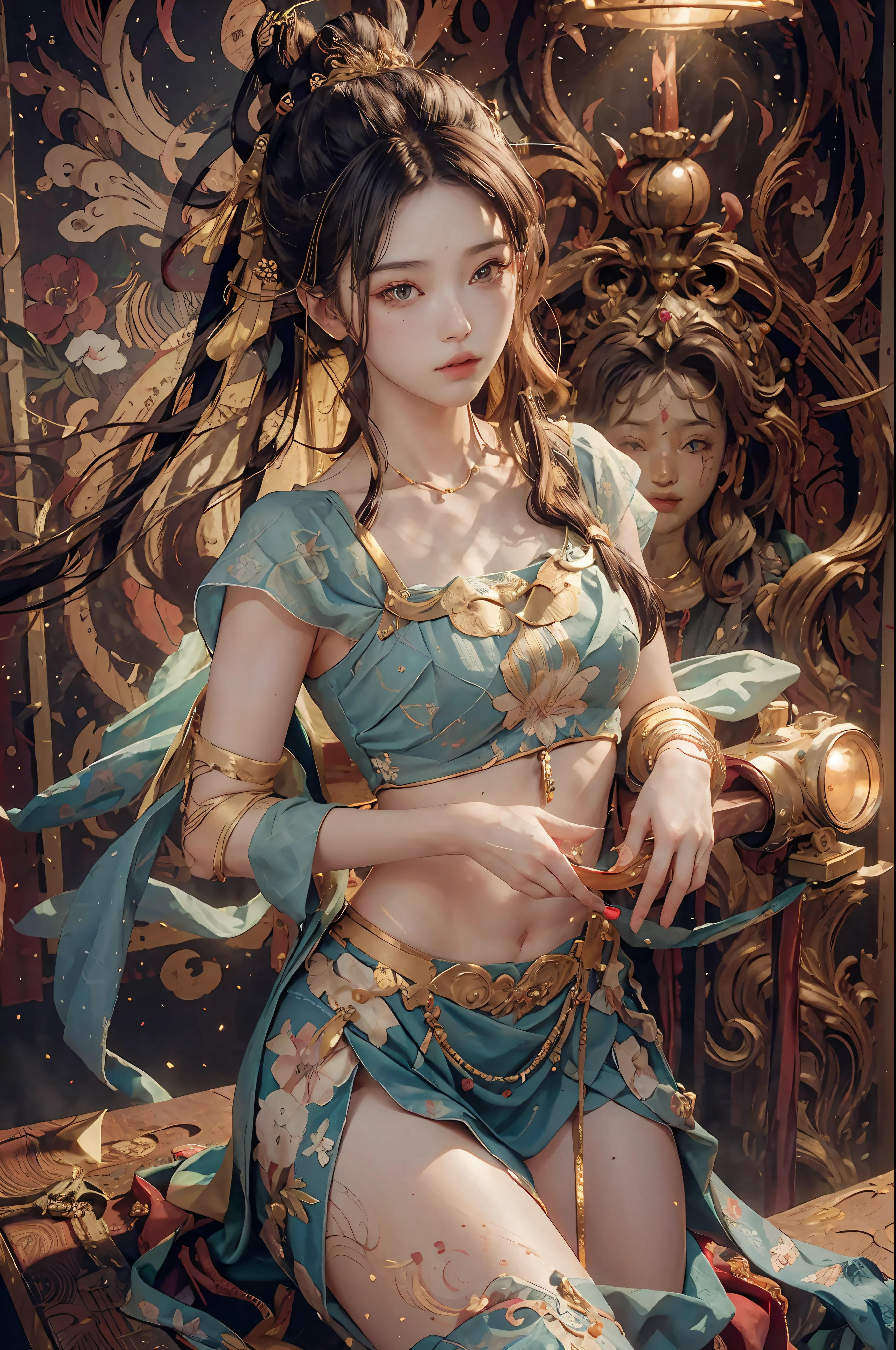 (RAW Photo, Best Quality), (Realistic, Photorealistic Real: 1.3), Best Quality, Highly Detailed, Masterpiece, Ultra Detailed, Illustration, 1 Girl, upper_body, Dynamic Angle, World Mastery Theater, messy_long_hair, Best Quality, Extremely Detailed CG Uniform 8k Wallpaper, Ink, Amazing, Cinematic Lighting, lens_flare, dunhuang_style, Sexy, Crop Top, Delicate Collarbone, Patterned Stockings,