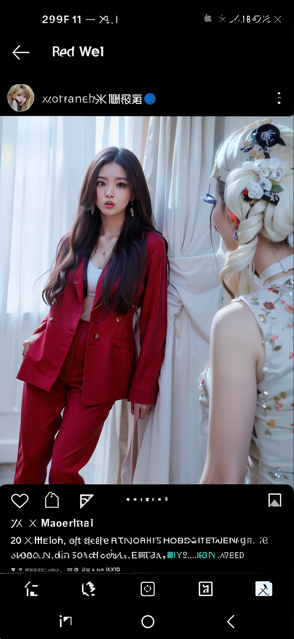 arafed woman in red suit posing next to a busturine, red suit, wearing a black and red suit, lalisa manobal, full body xianxia, wearing red attire, sha xi, lulu chen, red clothes, sun yunjoo, wearing red clothes, wenfei ye, jisoo from blackpink, xision wu, jisoo of blackpink