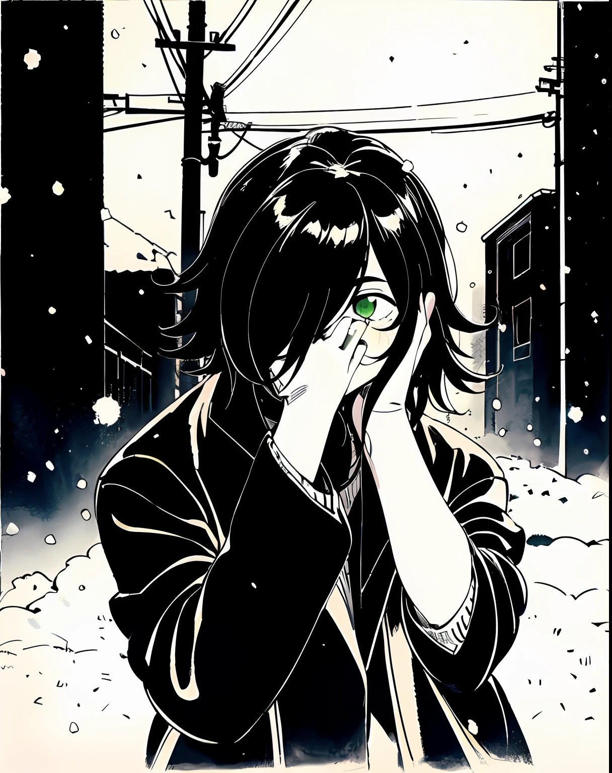 Kuroki-Tomoko wearing casual winter clothes on the street, (snowing), VHS, white background, vintage, (hair covering eyes), ((hair over one eye)), black coat, manga style, ((monochromatic)), green eyes