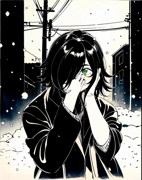 kuroki-tomoko wearing casual winter clothes on the street, (snowing), vhs, white background, vintage, (hair covering eyes), ((ha...