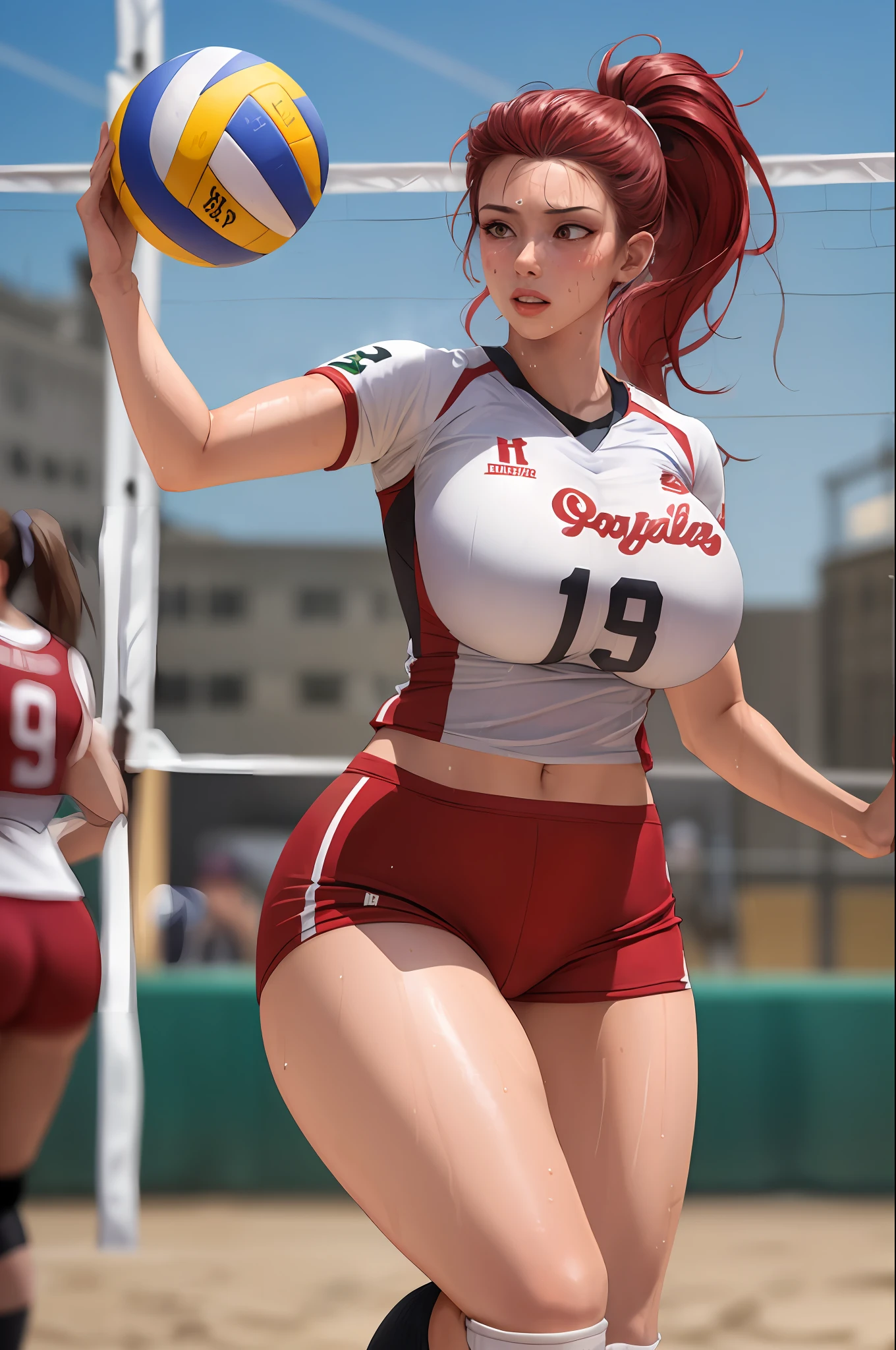 masterpiece:1.2, best quality), realistic, (real picture, intricate details, depth of field), (1girl, solo), make up, parted lips, highly-detailed, perfect face, (huge breasts:1.4), (skindentation), thick thighs, wide hips, small waist, tall, glossy coral lips, red hairs, red eyes, ponytail, (A girl playing volleyball, white volleyball uniform), (sweating:1.2), (wet), sexy, blushing,