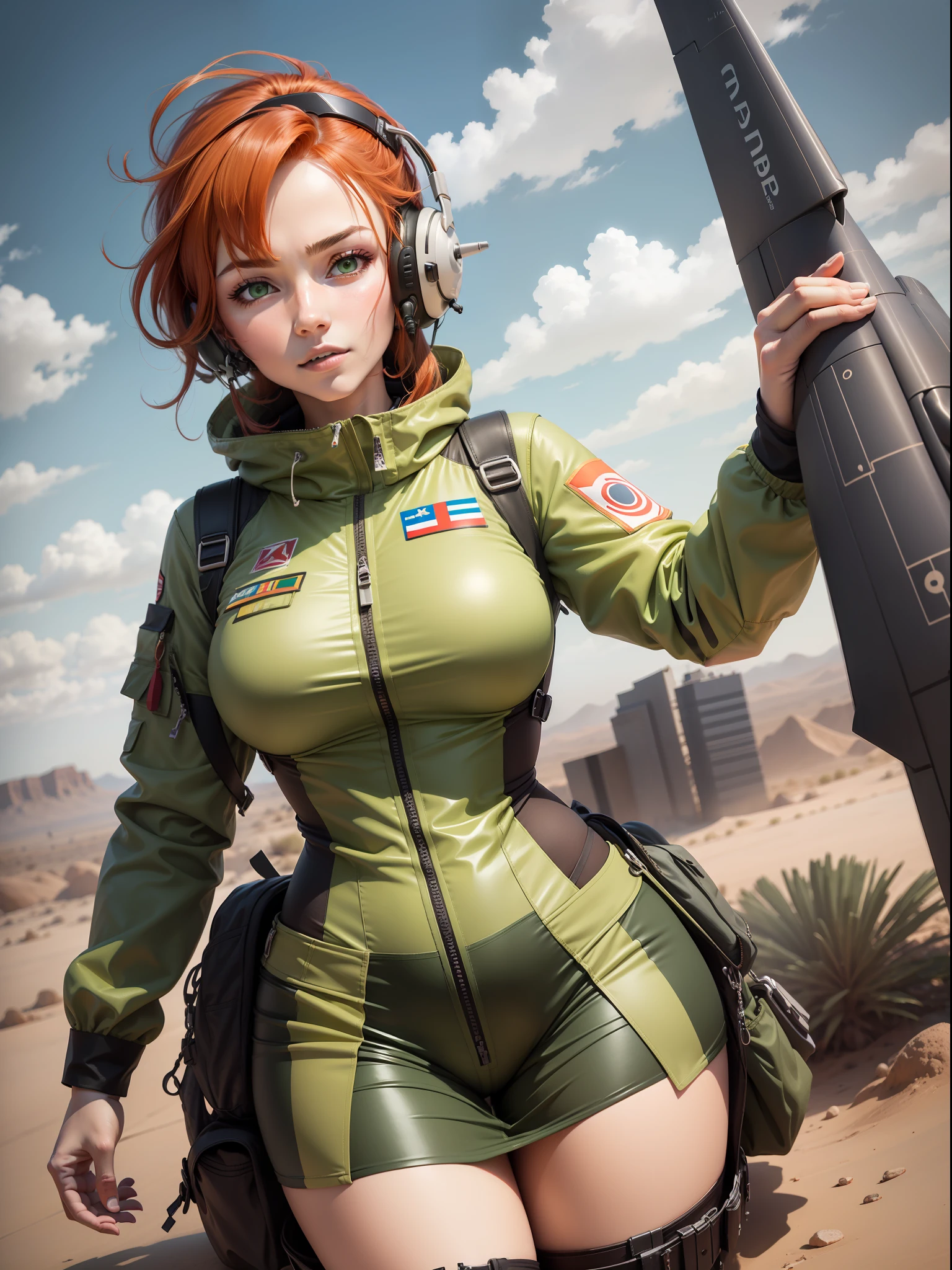 Red-haired woman with green fighter jet pilot outfit in a desert with jet behind her very beautiful anime style