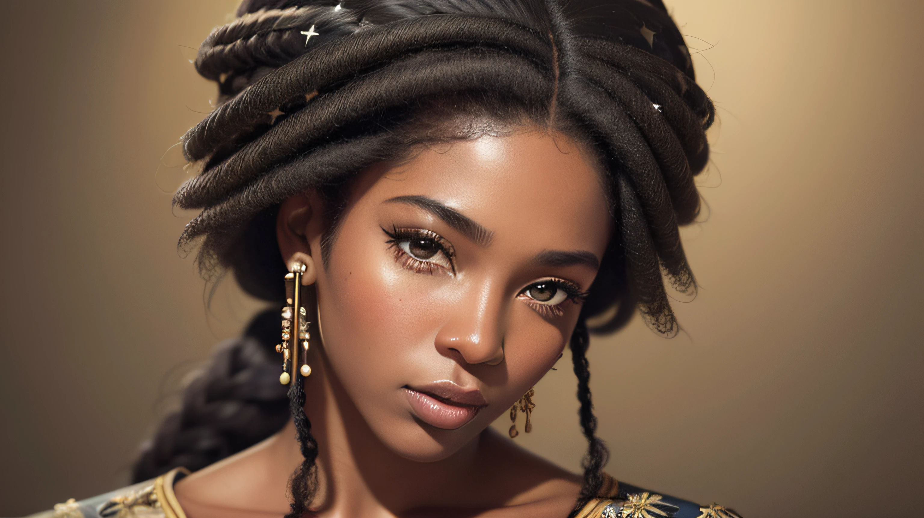 mulher adulta, madura,roupa de festa,tons amarelo e laranja,cabelos compridos vermelho e preto, detalhes intricantes, olhos azuis intenso, altamente detalhada, imagem de cinema