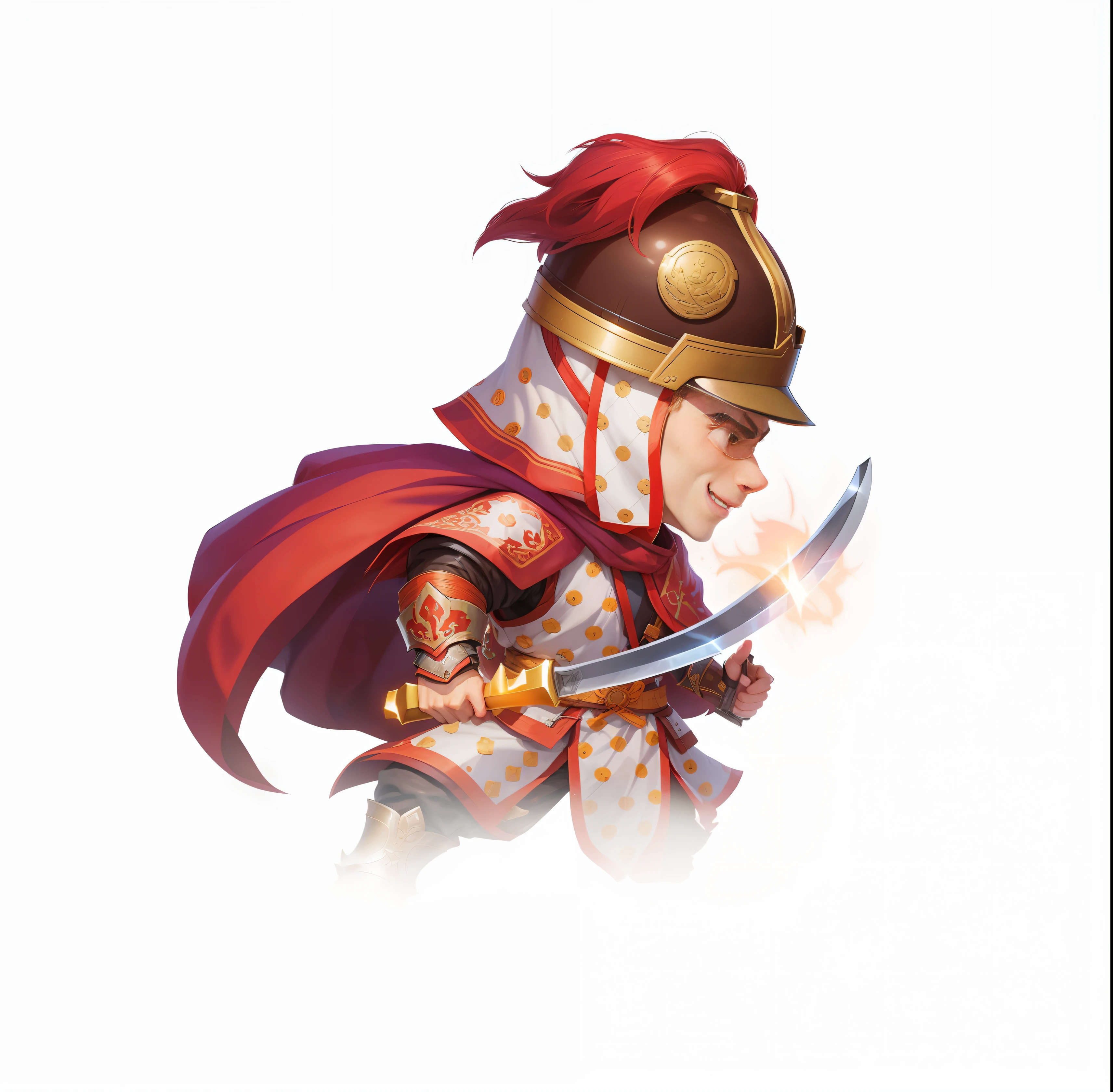 Cartoon illustration of a man in a helmet and cloak holding a long knife, Picture of cute smiling male warrior, hero character art, official character art, official character illustration, Soldier of the Mongol Legionnaires, an angry muscular army general, warrior character design, Chinese Warrior, hero character, inspired by Li Kan, character portrait, ancient soldier, high quality character design --auto