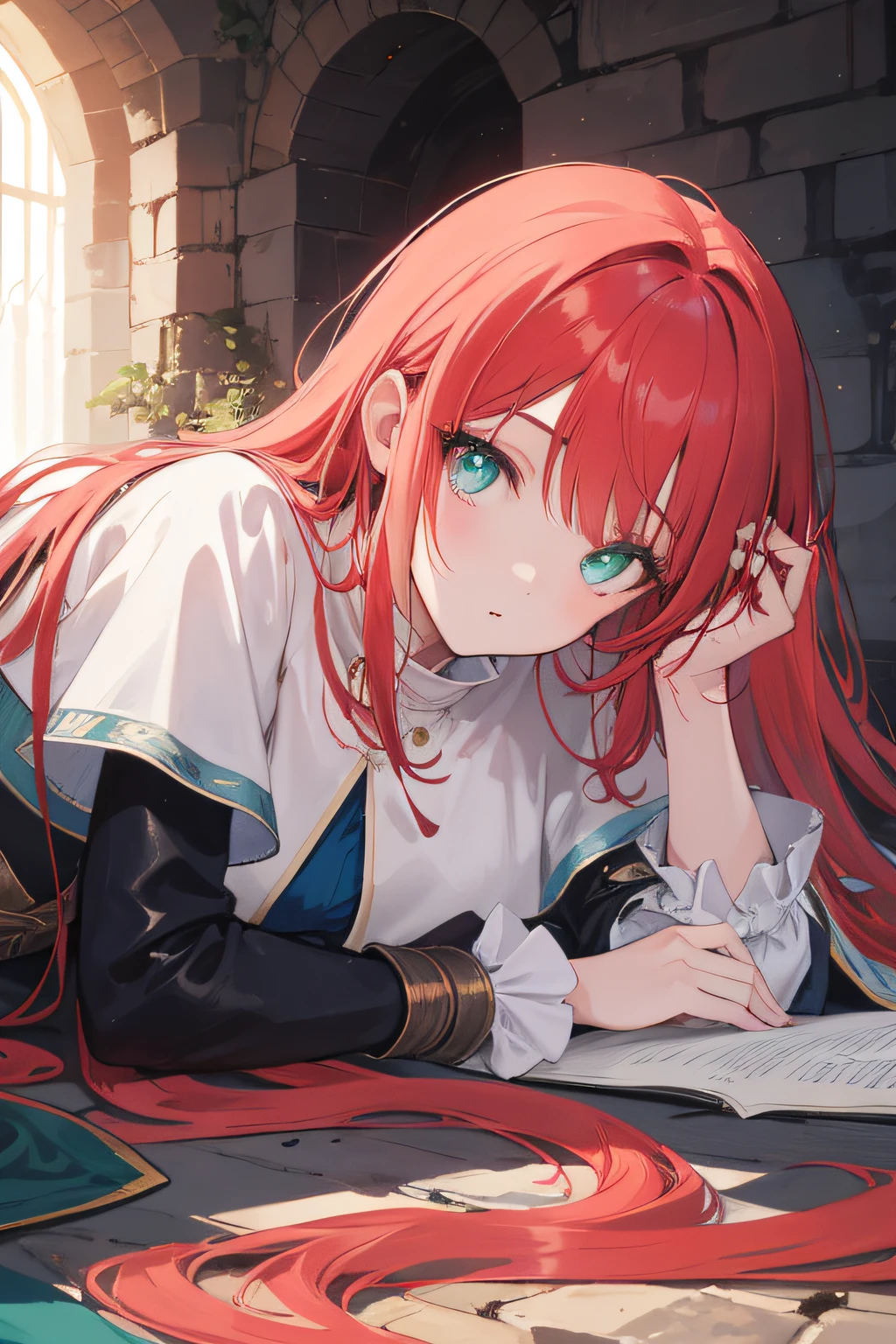 1Menina, longos cabelos ruivos, olhos verdes vibrantes, roupas medievais, lying on the floor, fundo medieval, Olhos bonitos, cabelo bonito, Masterpiece, 4k, hd, circunstanciado, Rosto detalhado, Efeitos
