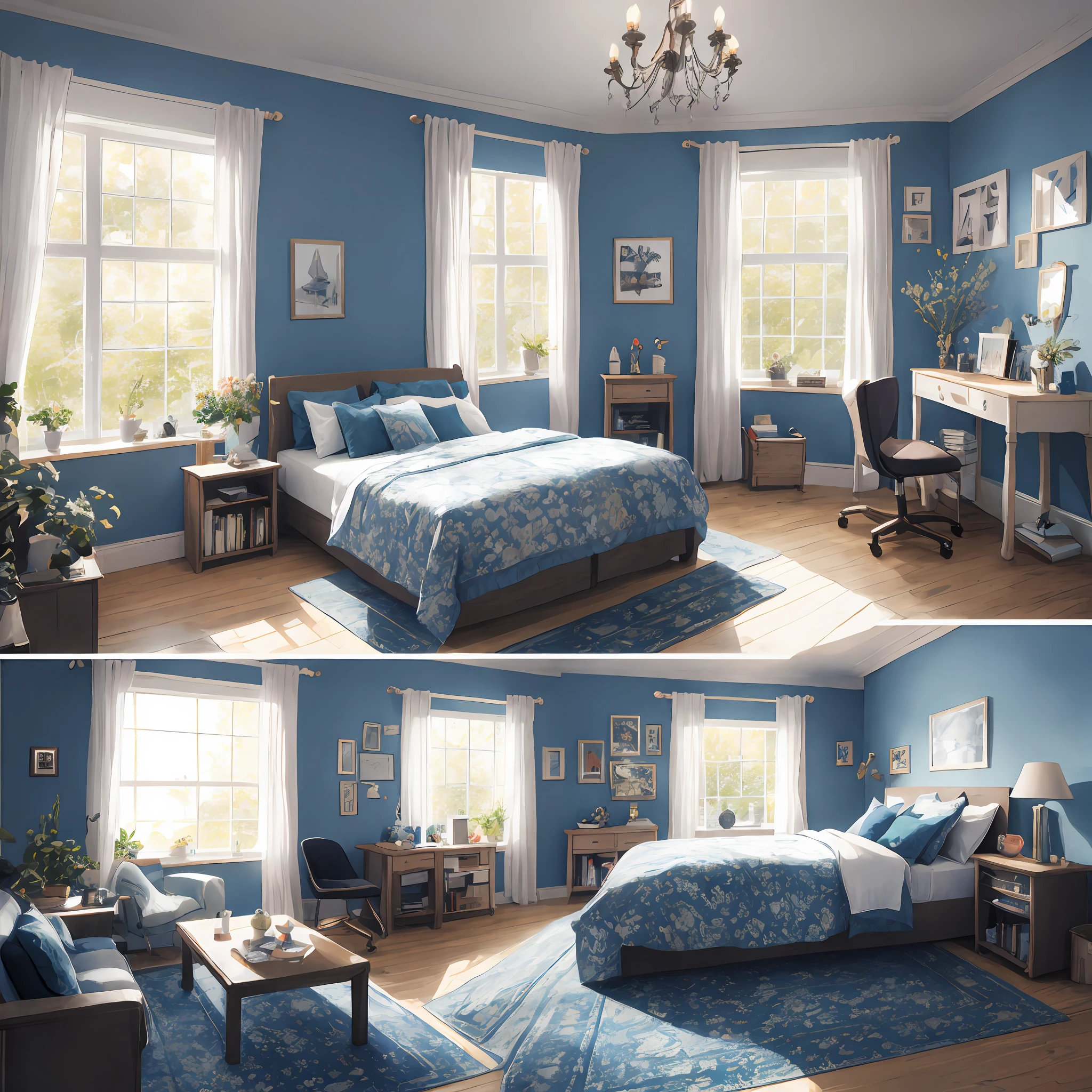 masterpiece, best quality, high quality, extremely detailed CG unity 8k wallpaper, bedroom, indoors, day, no humans,fit up, landscape, Bokeh, HDR, bloom, Chromatic Aberration ,Photorealistic,extremely detailed, trending on artstation, trending on CGsociety, High Detail, art by midjourney,science and technology,comfory,pixiv,a room full of hobbies,Just one bed,cartoon,warm light,blue