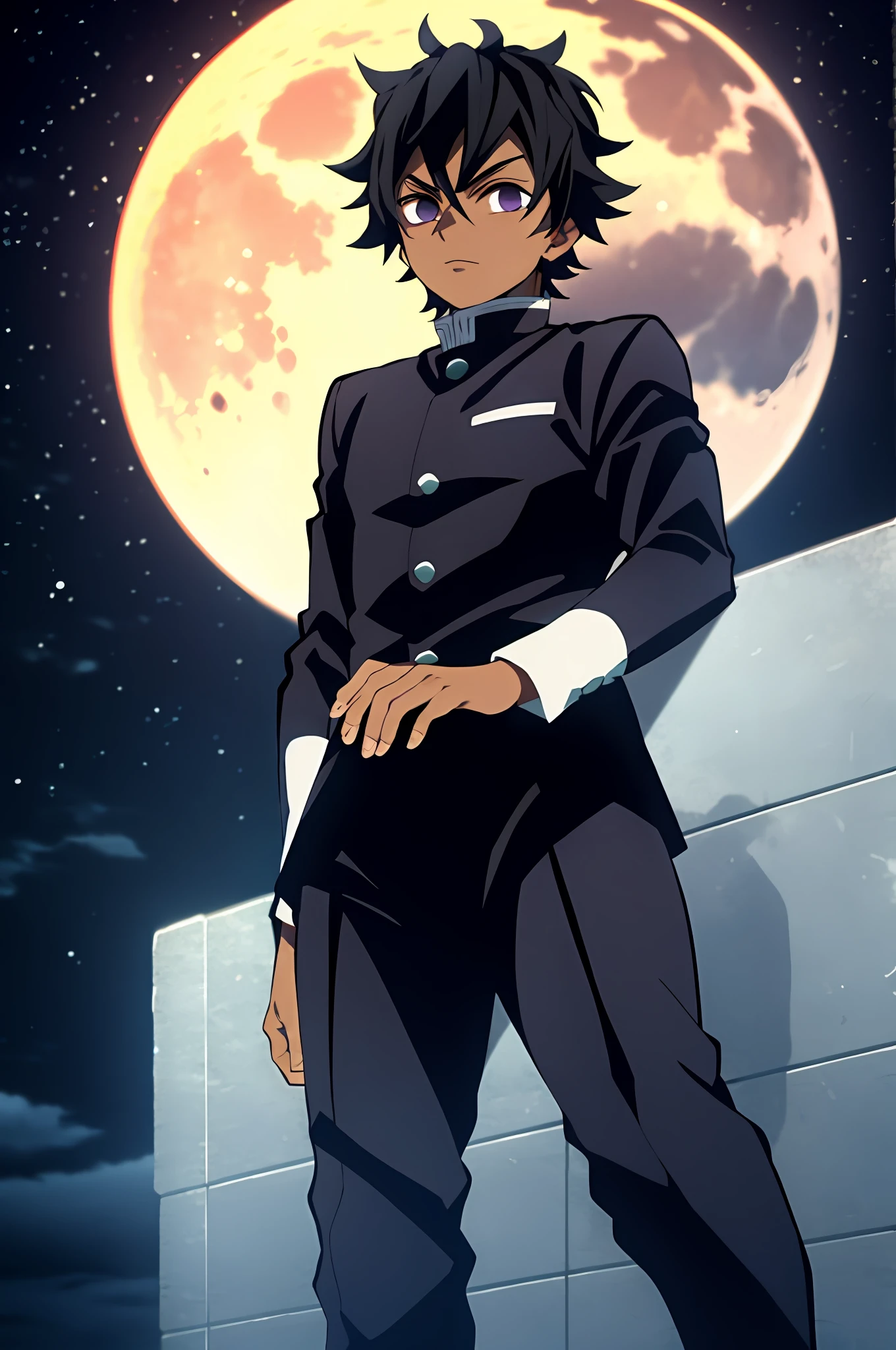 kimetsu no yaiba style, 1boy, demon slayer uniforme, solo, dark skin, purple eyes, apathetic, black hair, black cover, cover, outdoorse, night, moon, anime coloring, ((masterpiece)),