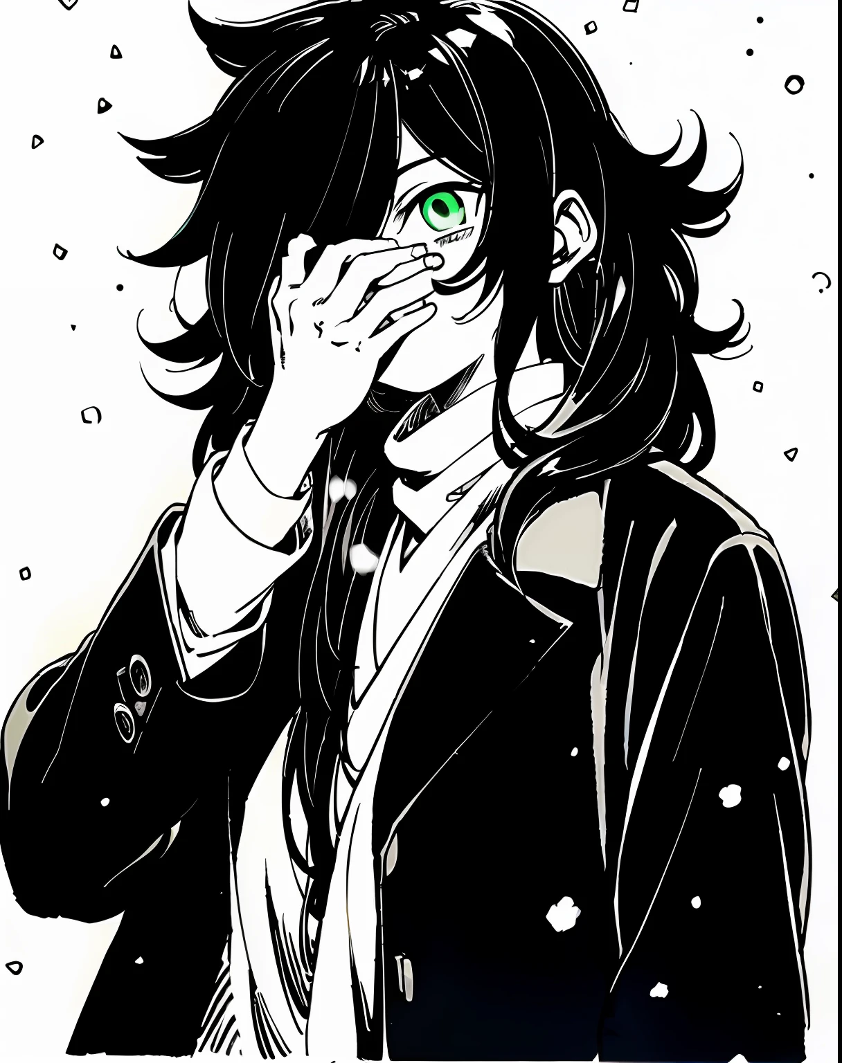 Kuroki-Tomoko wearing casual winter clothes on the street, (snowing), VHS, white background, vintage, (hair covering eyes), ((hair over one eye)), black coat, manga style, ((monochromatic)), green eyes