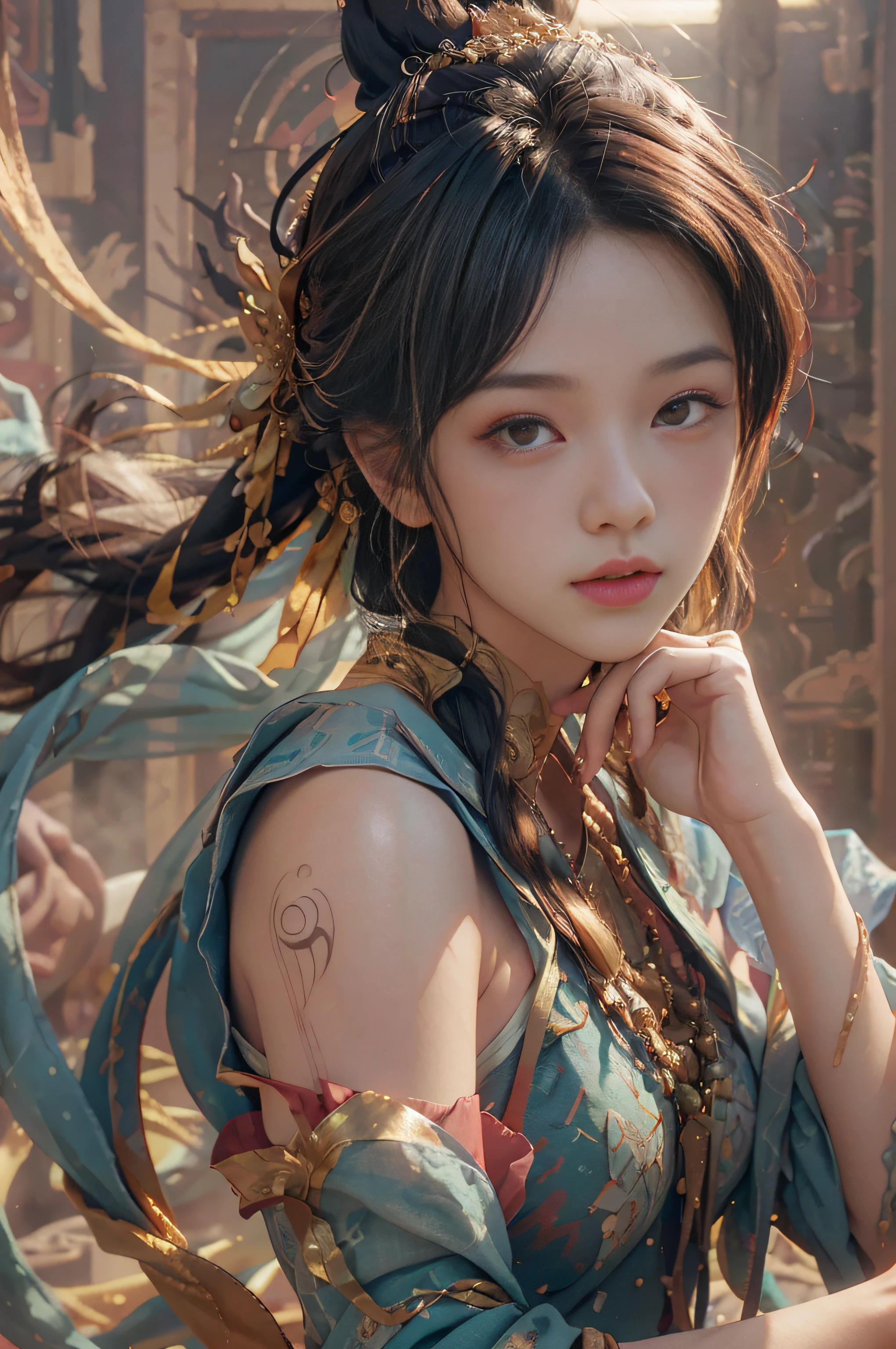 (RAW photo, best quality), (realistic, photo-realistic:1.3),best quality,highly detailed,masterpiece,ultra-detailed,illustration,1girl,upper_body,dynamic angle,world masterpiece theater,messy_long_hair,best quality,extremely detailed CG unity 8k wallpaper,ink,Amazing,cinematic lighting,lens_flare, dunhuang_style