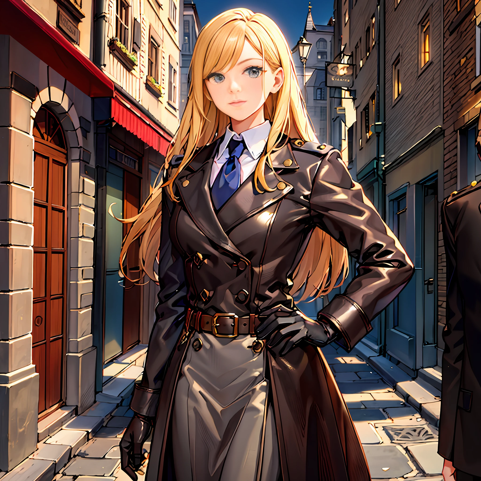 Portrait of a Woman, Tall stature, little chest, Slavic appearance: blond hair; sharp facial features; Straight nose; pronounced high cheekbones, stands upright, Guards uniform: gray double-breasted overcoat; gray pants; Black leather belt with steel clasp, Full Growth, max detail, Masterpiece quality, black leather gloves, Background: Stone paved road with European houses of the first half of the 20th century, High quality shadows, High quality of light, In his right hand is a brown leather bag.
