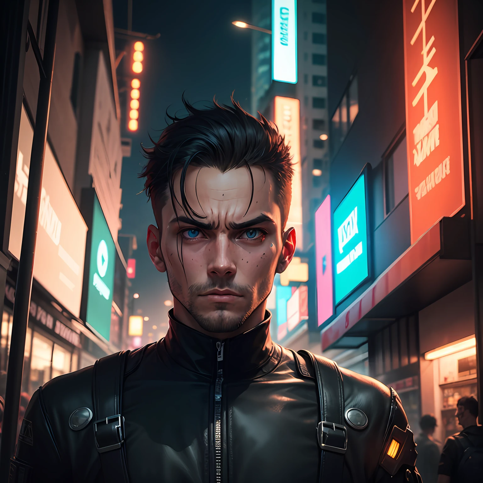 A man with a half-robot face looking straight ahead and looking desperate in a city with lots of lighting, estilo de arte cyberpunk, estilo anime, imagem de alta qualidade --auto